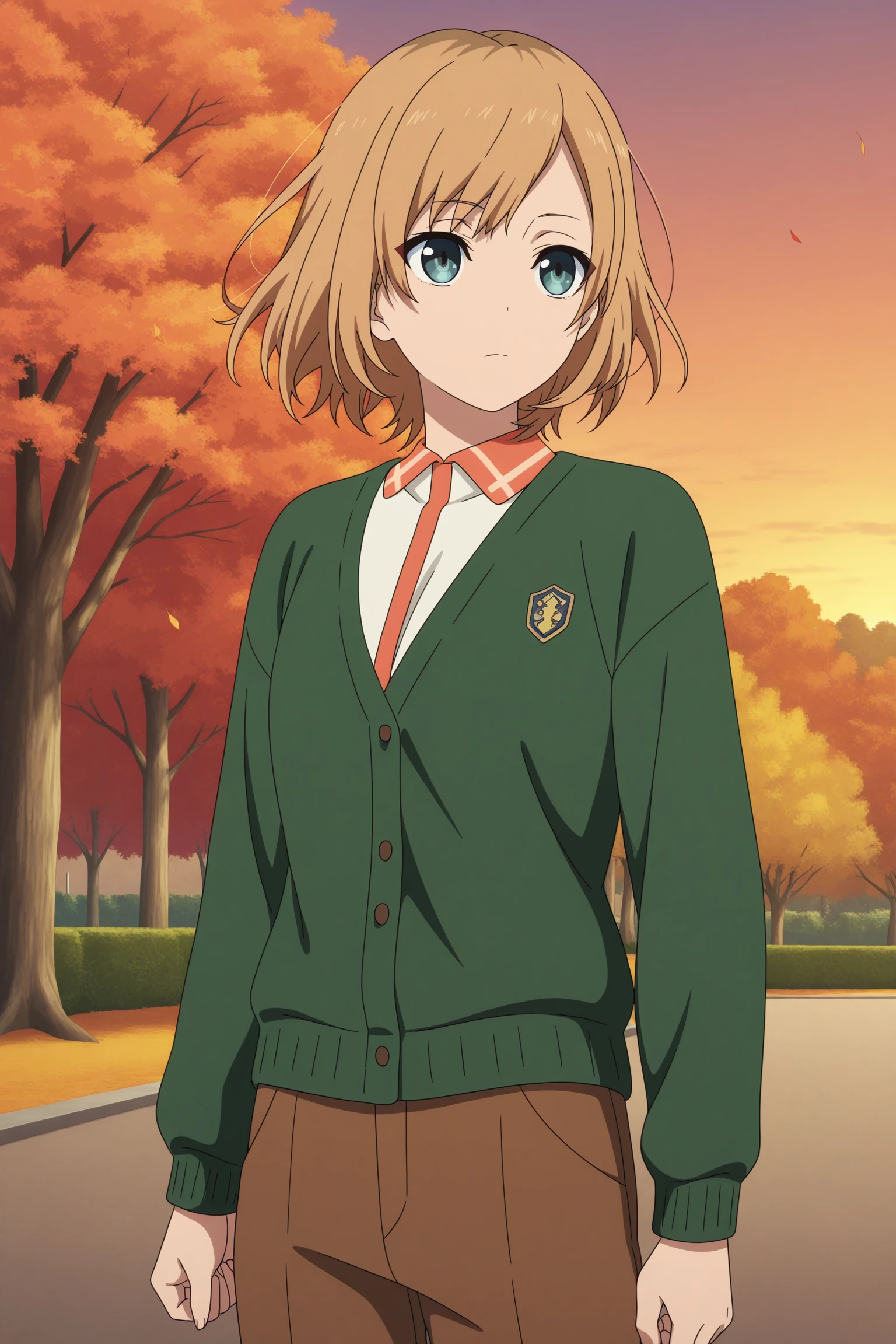 masterpiece, best quality, amazing quality, highres, absurdres, very aesthetic, high resolution, ultra detailed, perfect details, 1girl, solo, outdoors, park, autumn leaves, sunset, miyamori aoi, medium hair, brown hair, swept bangs, blue eyes, long sleeves, green cardigan, white shirt, collared shirt, brown pants, capri pants, black socks, brown footwear, loafers, <lora:Aoi_Miyamori_ILXL:0.8>, (aged up:1.2), (cowboy shot), emotionless, looking away, (anime screencap:1.2), (anime coloring:1.2), (pose:1.2), floating hair, from side