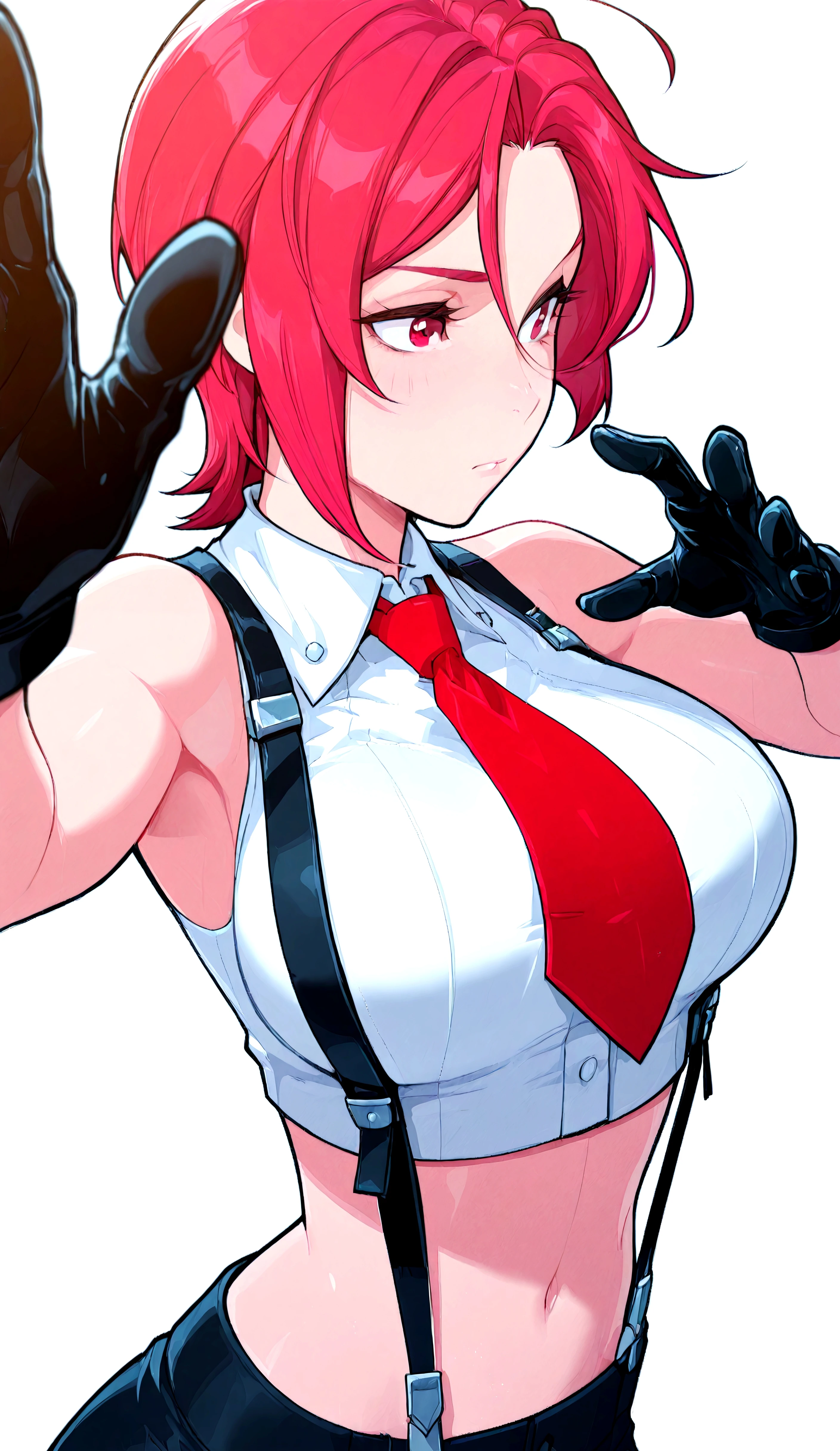 VanessaKoF, short_hair, red_eyes, black_gloves, red_necktie, bare_shoulders, navel, sleveless, midriff, pants, suspenders, cropped_top, white_shirt, simple background, Cowboy shot, reaching for a hug