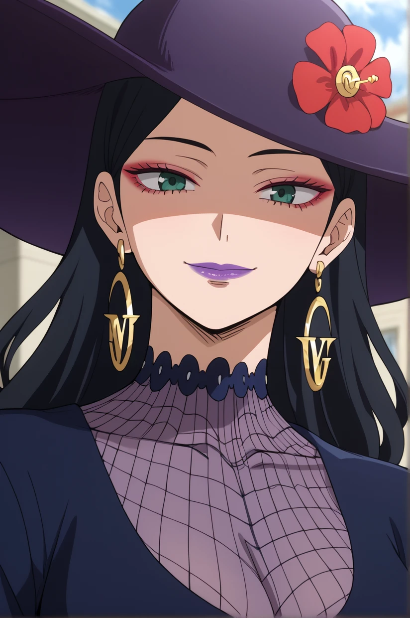 <lora:BNHDeborahGollini:1> BNHDeborahGollini, crescent earrings, hat flower, jewelry, solo, hat, makeup, green eyes, lipstick, black hair, purple lips, smile, long hair, closed mouth, red eyeshadow, hoop earrings, red flower, purple headwear, hat ornament, fishnets, sun hat, , 8k, masterpiece, absurdes, highly detailed, highres, high quality, best quality, score_9, score_8_up, score_7_up, score_6_up, detailed eyes, detailed hair, detailed skin, looking at viewer, portrait, upper body, close-up, bust, solo, solo focus, depth of field, backlighting, eye reflection, sidelighting, facing viewer