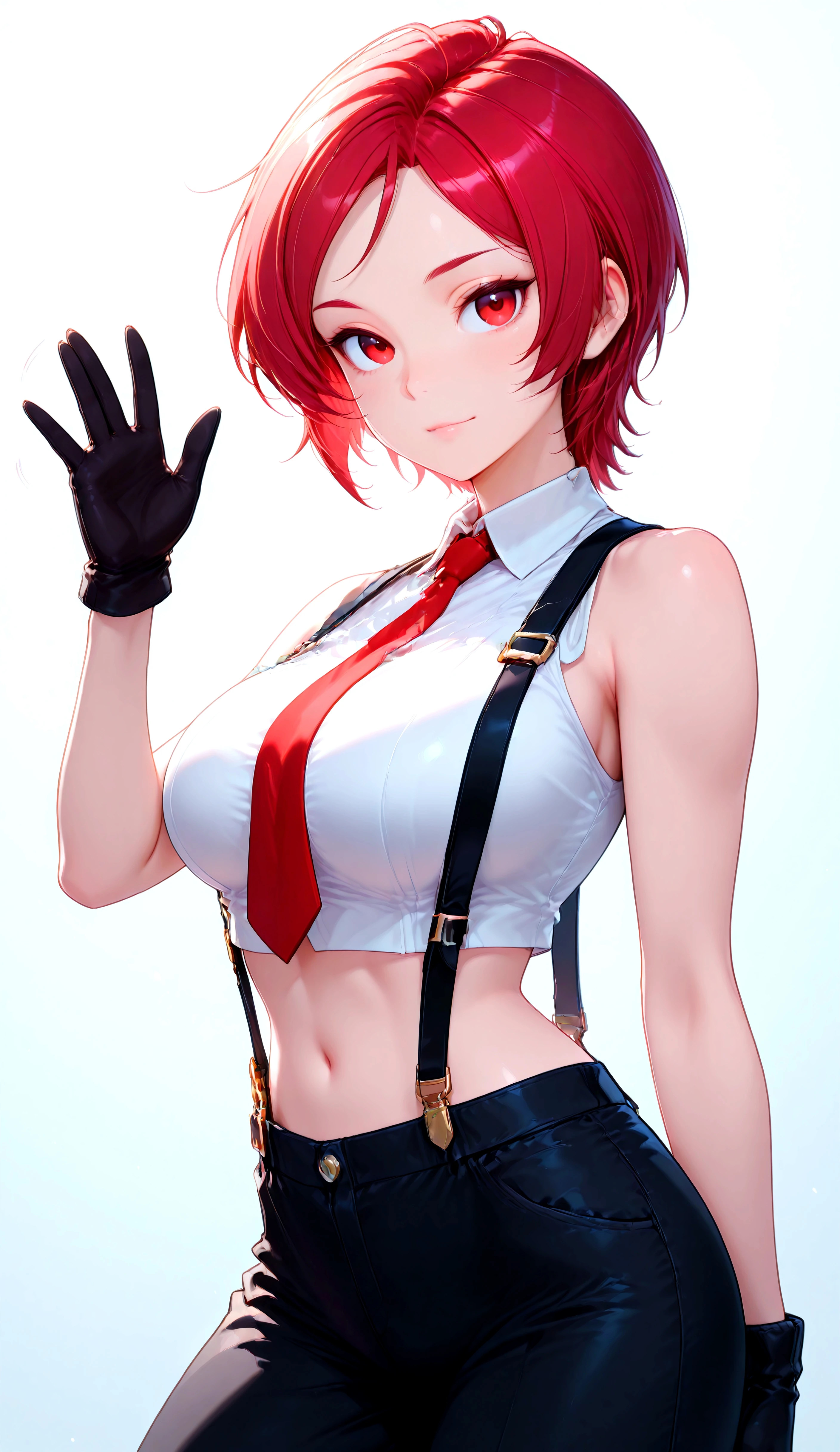 VanessaKoF, short_hair, red_eyes, black_gloves, red_necktie, bare_shoulders, navel, sleveless, midriff, pants, suspenders, cropped_top, white_shirt, simple background, Cowboy shot, waving hello