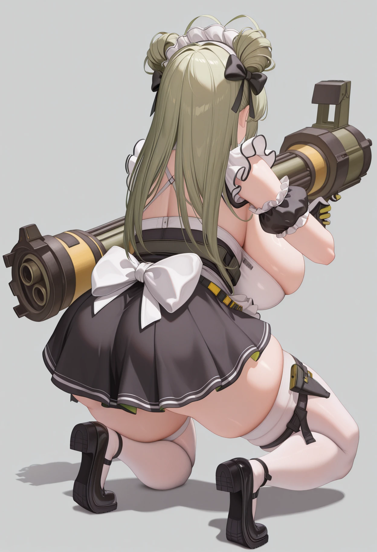 masterpiece, best quality, absurdres, highres, newest, 1girl, solo, <lora:soda-nikke-richy-v1_ixl:1> sddf, purple eyes, green hair, long hair, bangs, double bun, antenna hair, maid headdress, black hair bow, armband, maid, maid apron, multicolored gloves, white thighhighs, thigh strap, huge breasts, skindentation, frills, weapon, holding gun, minigun, nikkeaiming, full body, from behind, facing away, kneeling, on one knee <lora:nikke-style-poses-richy-v1_ixl:1>