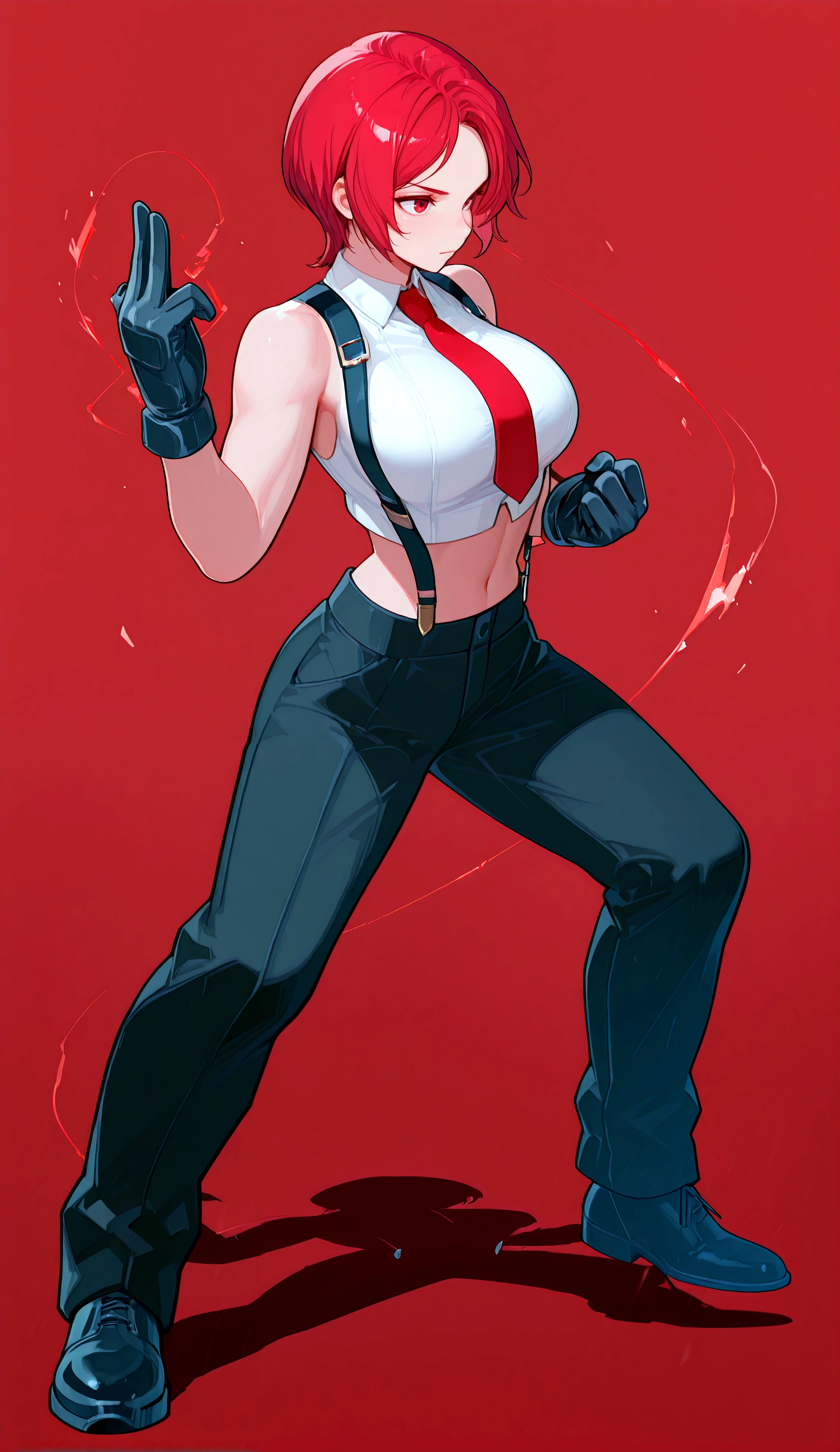 VanessaKoF, short_hair, red_eyes, black_gloves, red_necktie, bare_shoulders, navel, sleveless, midriff, pants, suspenders, cropped_top, white_shirt, simple background, full body, fighting stance