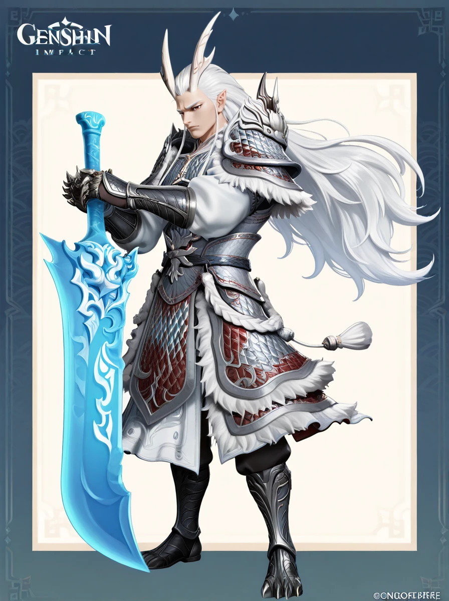 male focus,handsome,1man,red eyes,long white hair,sidelocks,thick eyebrows,horns,pointy ears,armor,fur trim,gauntlets,metal claws,greaves,metal foot claws,full body,blue sword,<lora:aoguang-05:1>,genshin impact style,