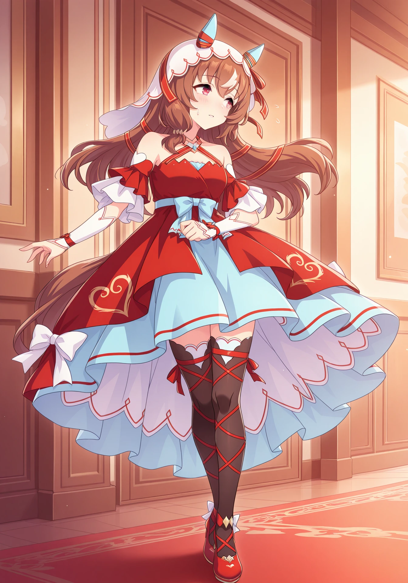 umaofficial,1girl,SILove,horse girl,brown hair,red eyes,long hair,streaked hair,SILdefault,red and aqua dress,off-shoulder dress,criss-cross halter,detached sleeves,black thighhighs,red high heels,bridal gauntlets,red leg ribbon,aqua bow,white bow,heart print,veil,ear covers,red hair ribbon,
dynamic pose,standing,blush,looking to the side,indoors,sweatdrop,
masterpiece,best quality,highres,amazing quality,<lora:UmaOfficialILV1.0:0.8>,<lora:StillInLoveILMainV0:0.9>,