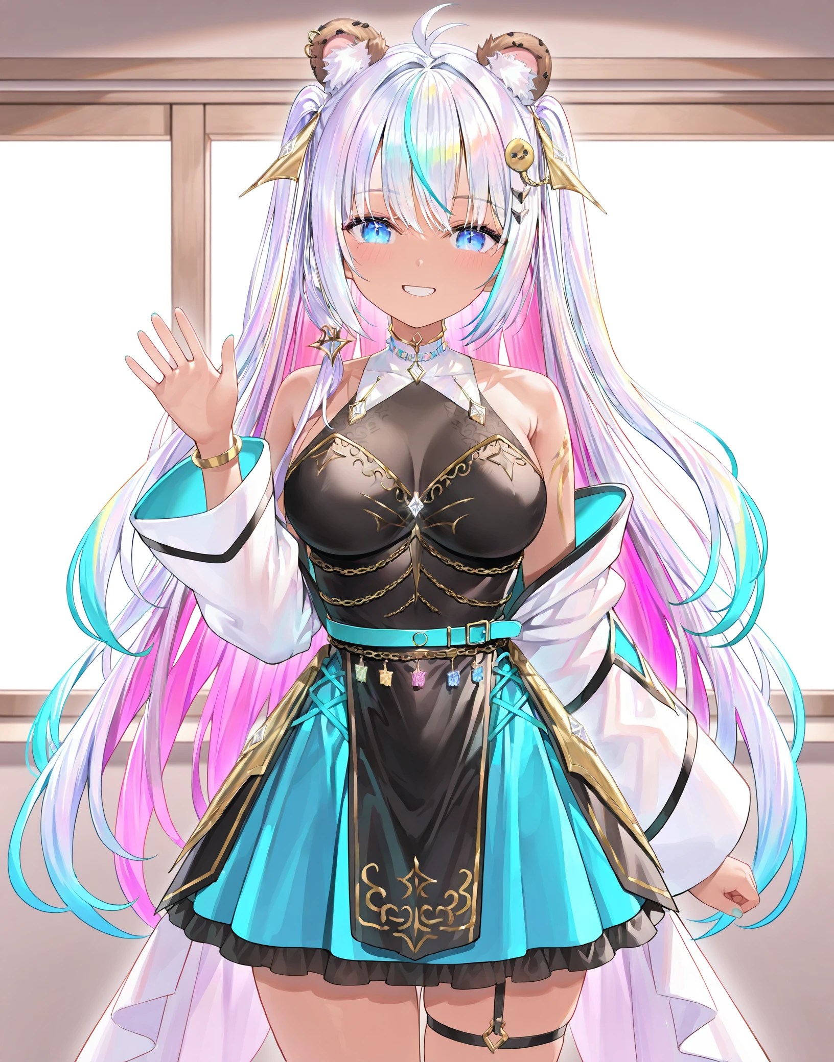 masterpiece, perfect quality, best quality, absolutely eye-catching, absurdres, highres, newest, <lora:cookieswirlcIllustriousXL10:1>, 1girl, cookieswirlc, cowboy shot, waving, smile,