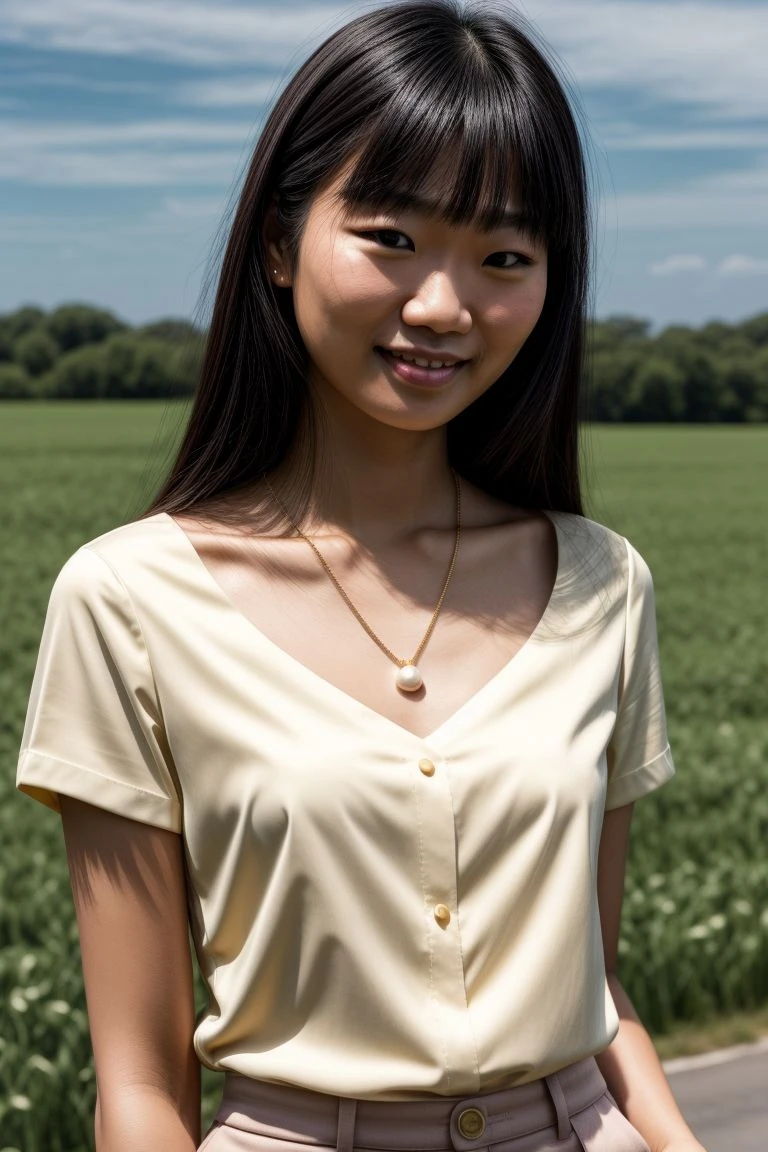 Red eyes, girl, holding a knife, yellow-green striped shirt with thicker stripes, red eyes glowing red, head tilted, short brown hair mushroom head, with a clear smile on his face, Chara, two-dimensional, standing among golden flowers with a ray of light above his head