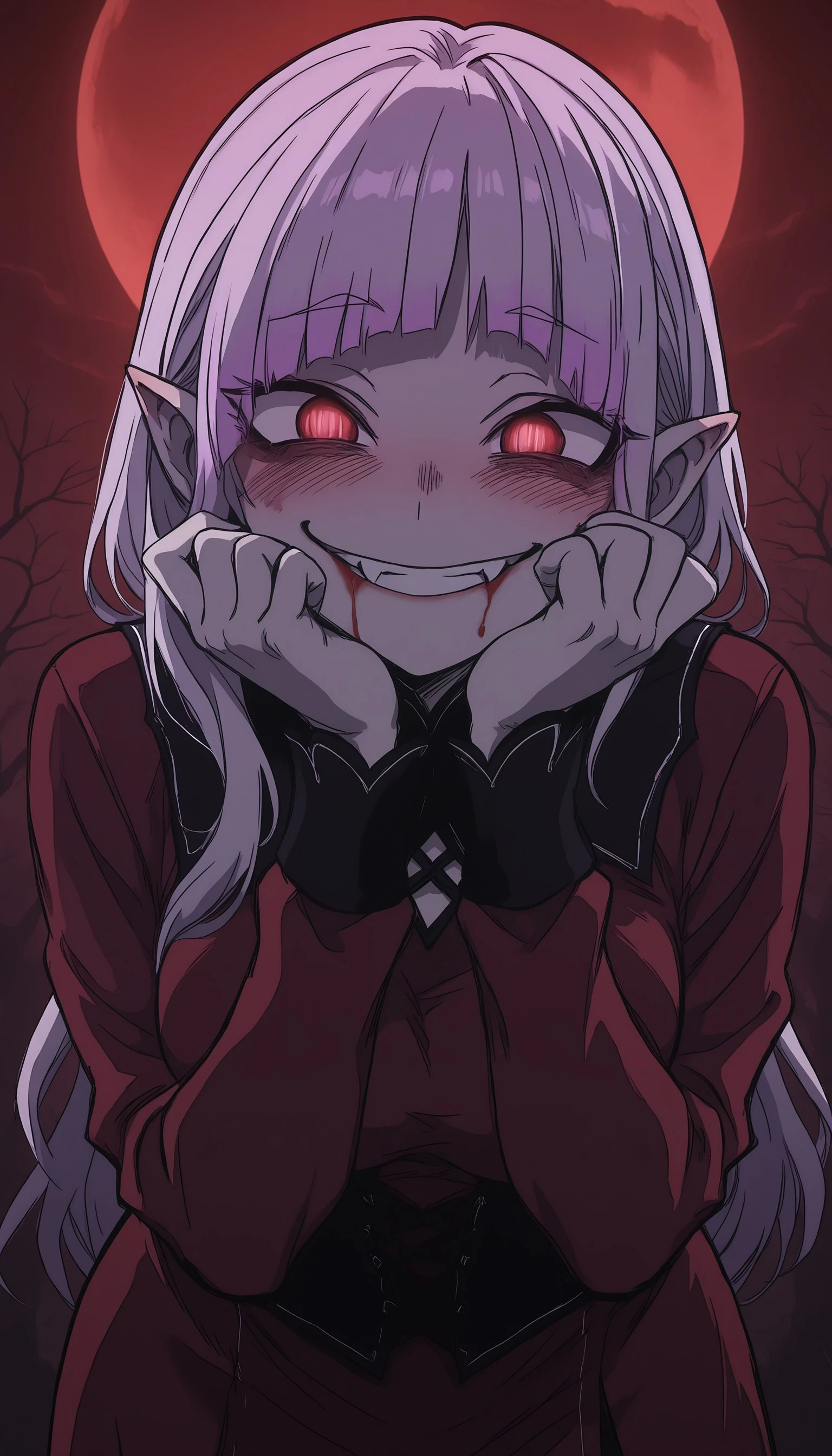 1girl, vampire girl, white hair, red eyes, pointed ears, smug, evil smile, fangs, blush, horny, aroused, medium breasts, burgundy tunic, outside, dark night, blood moon, , <lora:0838a320-0dd5-4804-8b92-083f754b2578:1.0>, <lora:f656dc25-c845-4317-ab72-613ce2c012b1:1.0>, <lora:fe2b3c2b-be0e-4d64-8823-ca7e0bc8986b:1.0>