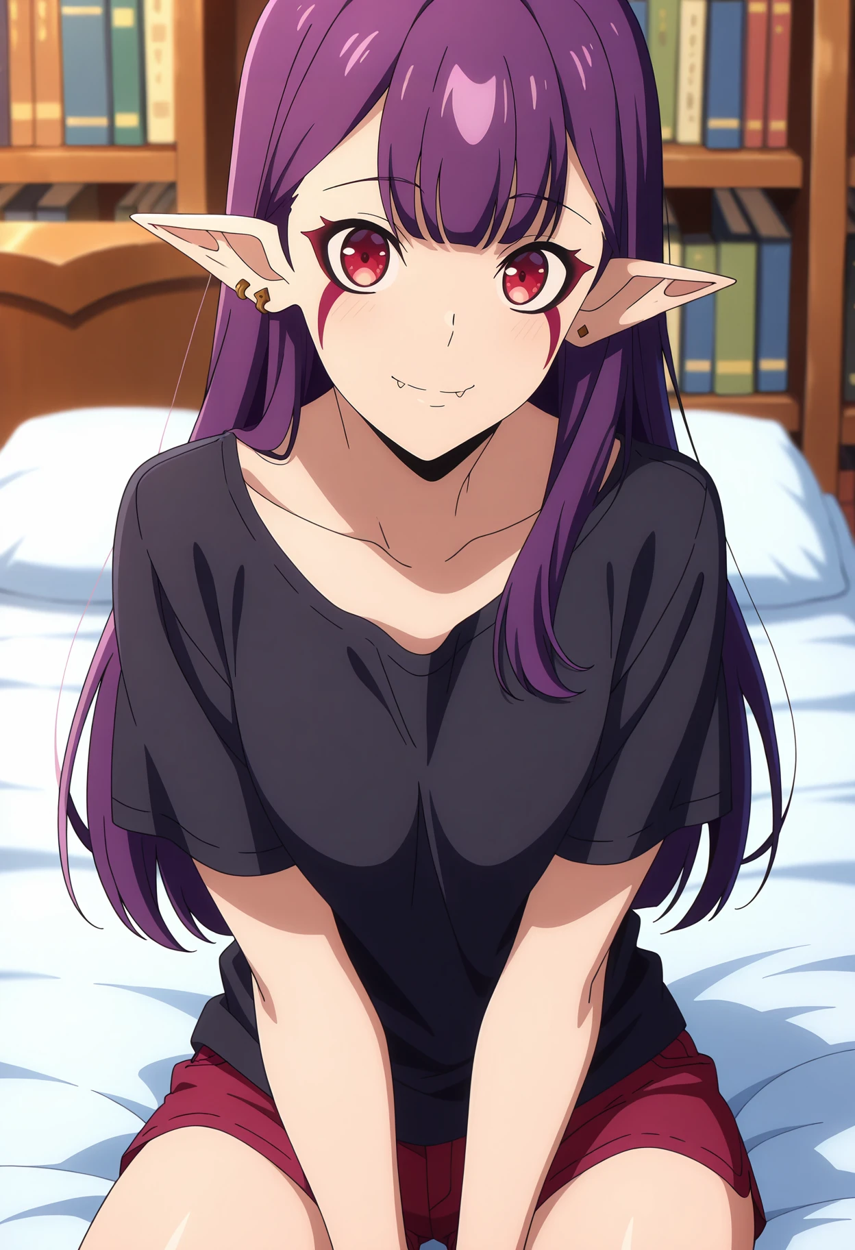 anime screencap, masterpiece, best quality,
<lora:SoloLeveling_EsilRadiru_IlluXL:0.9>,
1girl, solo, closed mouth, smile, fang out,
long hair, purple hair, red eyes, facial mark, pointy ears, earrings,
black shirt, red shorts, short shorts,
sitting, looking at viewer, pov,
on bed, bookshelf, indoors, blurry background