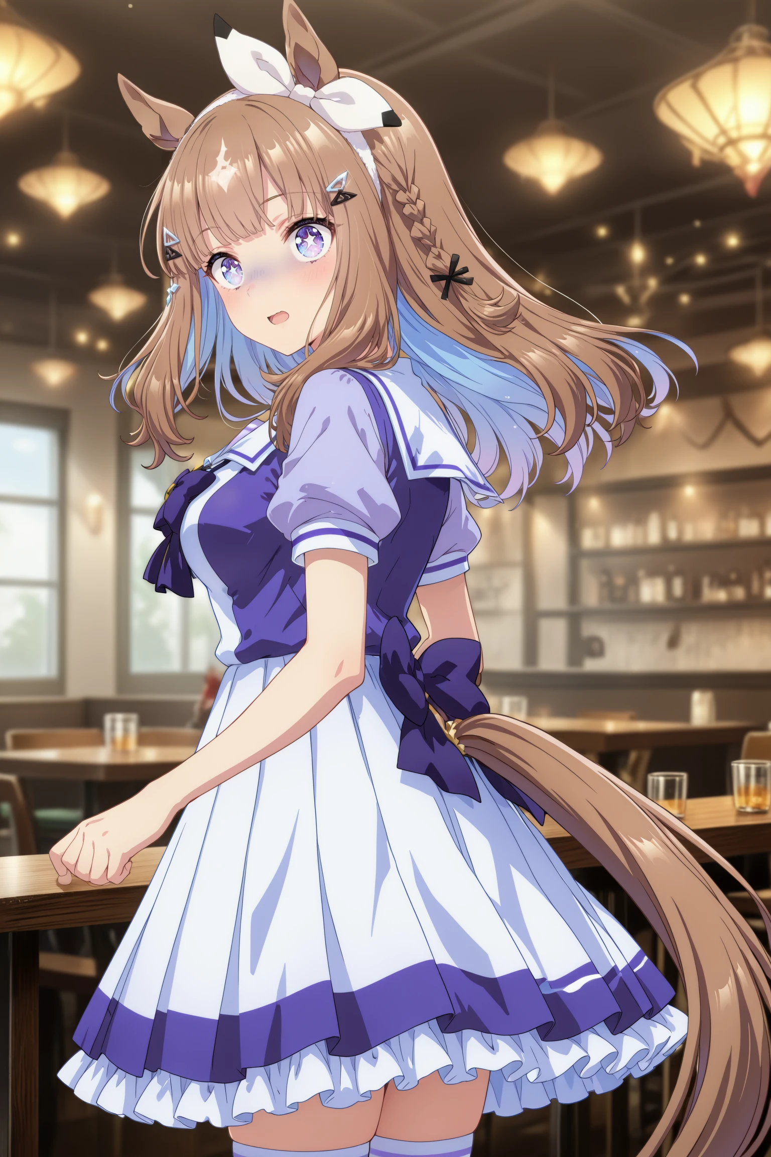 1girl, almond eye (umamusume), umamusume,horse girl, animal ears, horse ears, medium breasts, horse tail,
blue eyes, +_+, sparkling eyes,
brown hair, blue hair, long hair, side braid, hairclip, diamond hair ornament, colored inner hair,
tracen school uniform, short sleeves,
from side, cowboy shot, looking back, turn pale, restaurant, open mouth,
(masterpiece, best quality, newest, highres), (anime coloring:1.3), (anime screenshot:0.5), <lora:almondeye_Illust_v1:0.8>