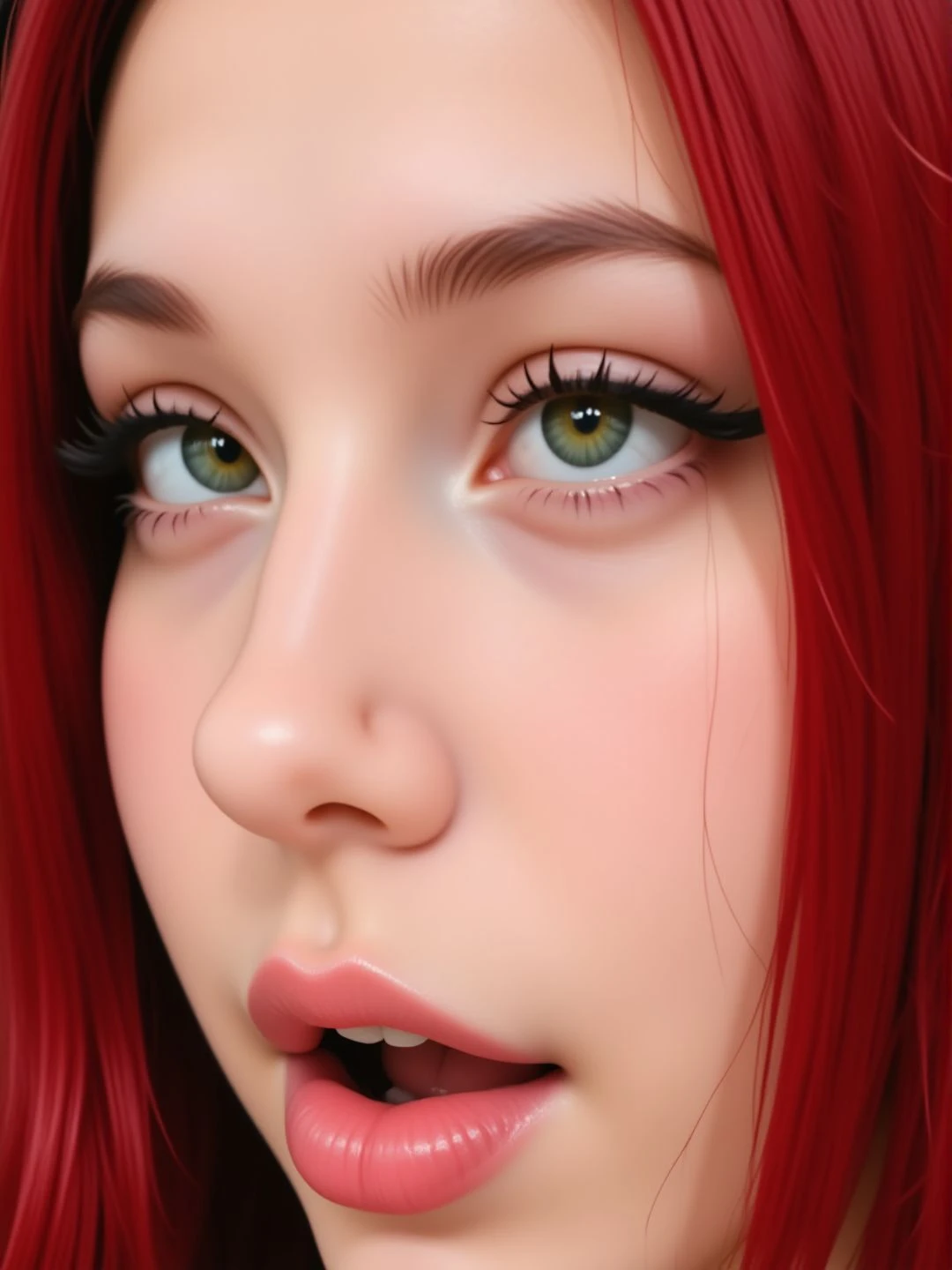 Sharp image, 4K, A close-up, young woman face. open mouth, Eyeliner. semi side view, <lora:ahegaolorav2:1> ahegao face, crossed eyes, rolling eyes, black wall, wide open mouth, <lora:Woomy_6_Flux:1.2> green eyes, full lips, redhaired, long hair,