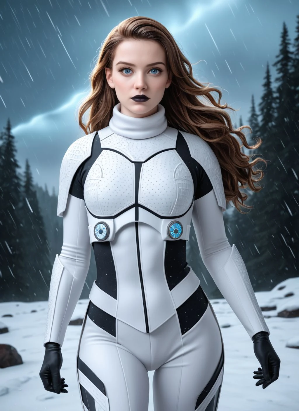(Star_Wars, Arctic tundra outpost, snow flurries, vivid colors, stark contrast, dynamic lighting, scifi fantasy)
(1girl, beautiful 25yo, tiny perky breasts, (medium-brown skin), athletic, (medium-brown long hair), big light-blue eyes, black lipstick), storm_trooper_suit, dynamic pose
8k detailed, cinematic portrait, stunning