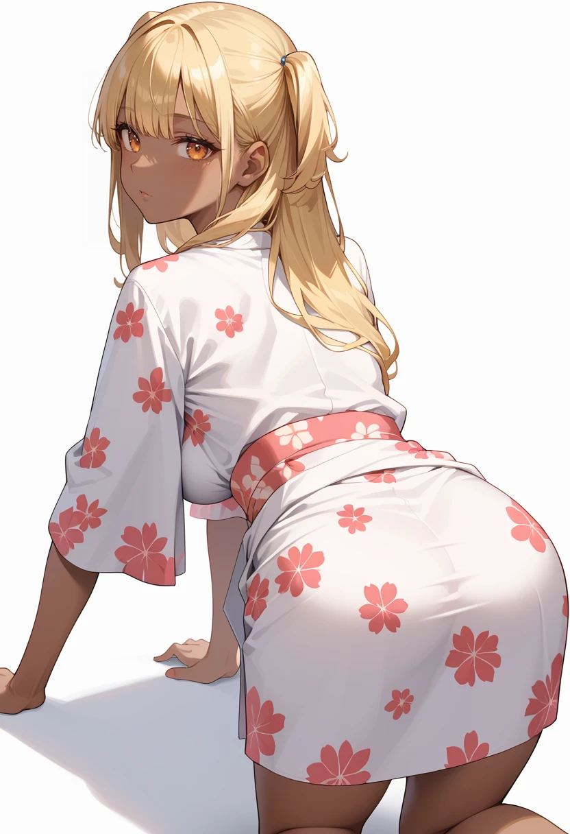 score_9, score_8_up, score_7_up,source_anime, best quality, amazing quality, simple background,((outlined outlined vector graphics)), simple background, white background,
1girl, 20yo, (large breast:1.2), orange eyes, (blonde hair:1.3),long hair, (two side up:1.1), (dark skin:1.6), dark skin girl, (tall:1.2), (abs:0.7),bangs,
solo, female focus , back view , looking at viewer ,looking at viewer ,expressionless, cute face ,kimono dress , kimono-dress, skirt, all fours , , , , white clothes, floral patterned dress <lora:kimono-dress-pony-01:0.8>
