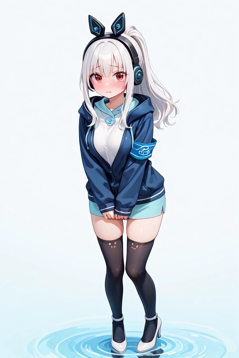 <lora:KRTGirlsNana:1>, 1girl, solo, full shot, standing, embarrassed, shy, nervous, lovely, looking at viewer, simple water background, blush, long hair, red eyes, ponytail, white hair, medium breast, jacket, hood, animal ear headphones, blue jacket, hood down, shirt, long sleeves, armband, thighhighs, black animal ear legwear, skirt, white heels