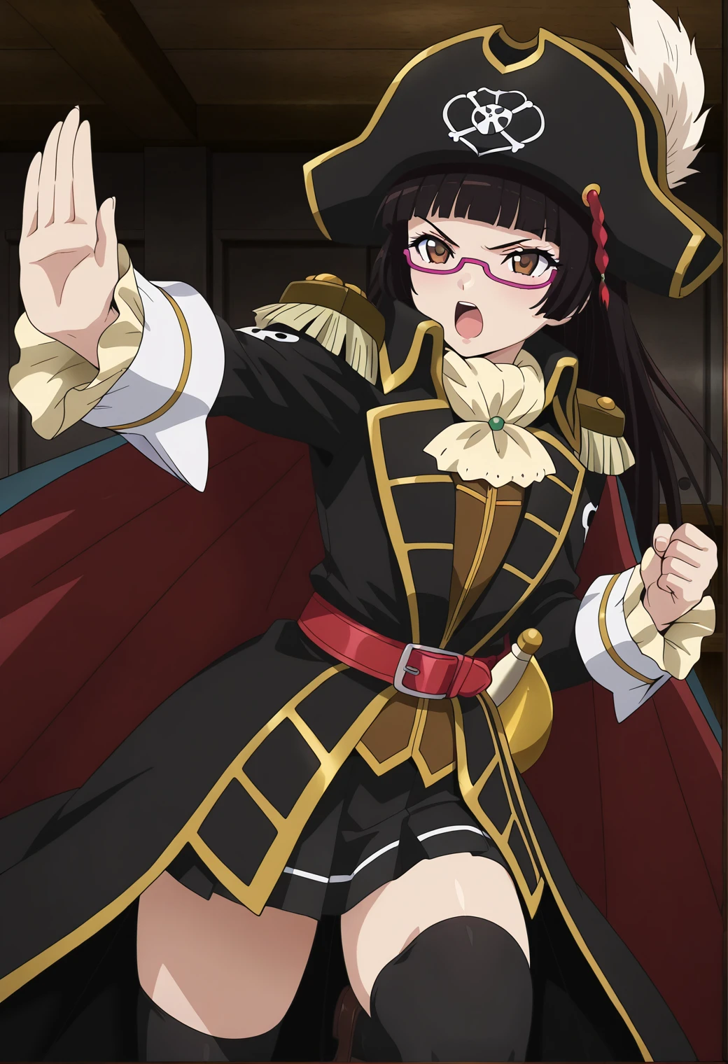 A Beautiful 18-year-old witch girl with glasses and fair skin And long, black hair with purple highlights, yellow eyes and dark purple lipstick. Naval uniform with red highlights, standing, serious