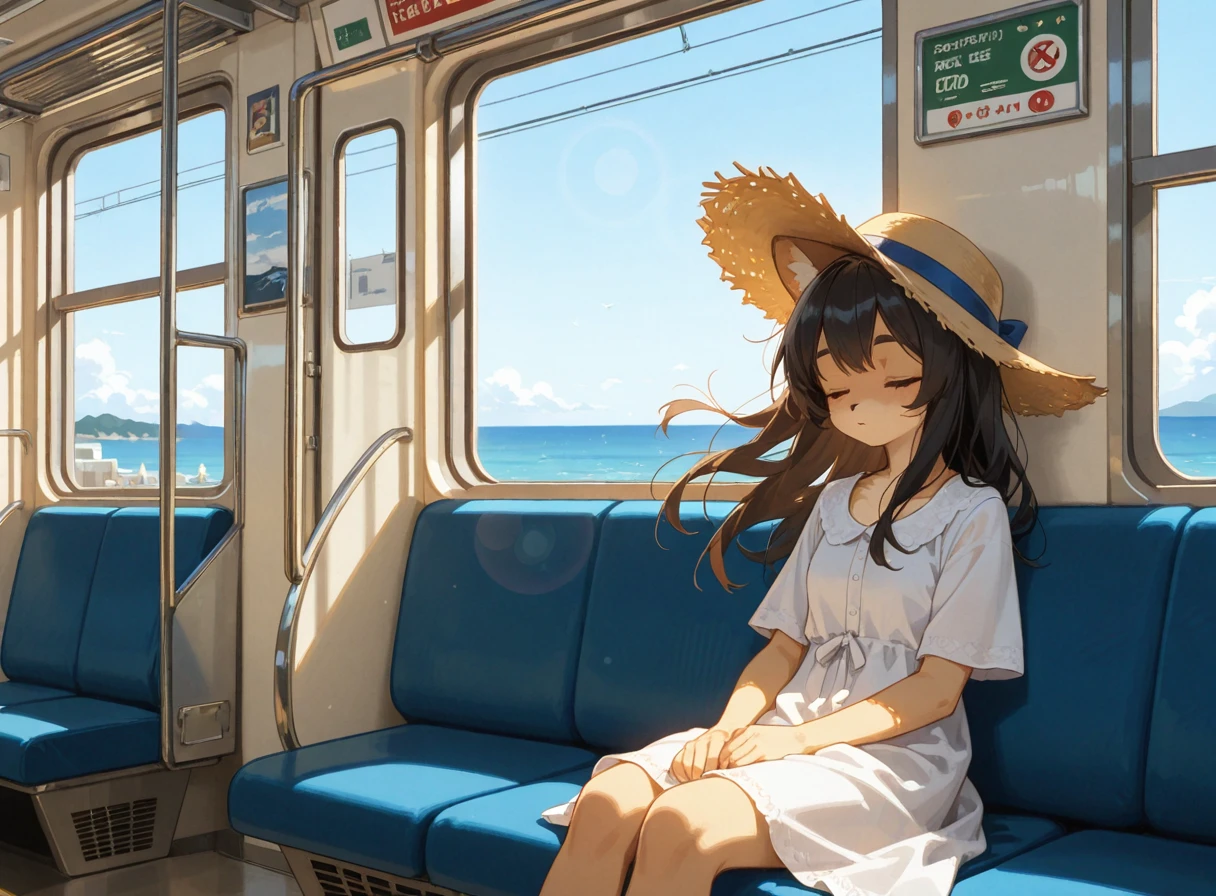 (masterpiece, best quality, very aesthetic, absurdres:1.2),
1girl,solo,furry,furry female,furry with furry,long hair,
scenery,train interior,morning,lens flare,particle effect,window,magnificent view,blue sky,ocean view from window,girl sitting,sleeping,closed eyebrows,white dress,straw hat,summer,wind,bird,wind chimes,
<lora:dmd2_sdxl_4step:1>