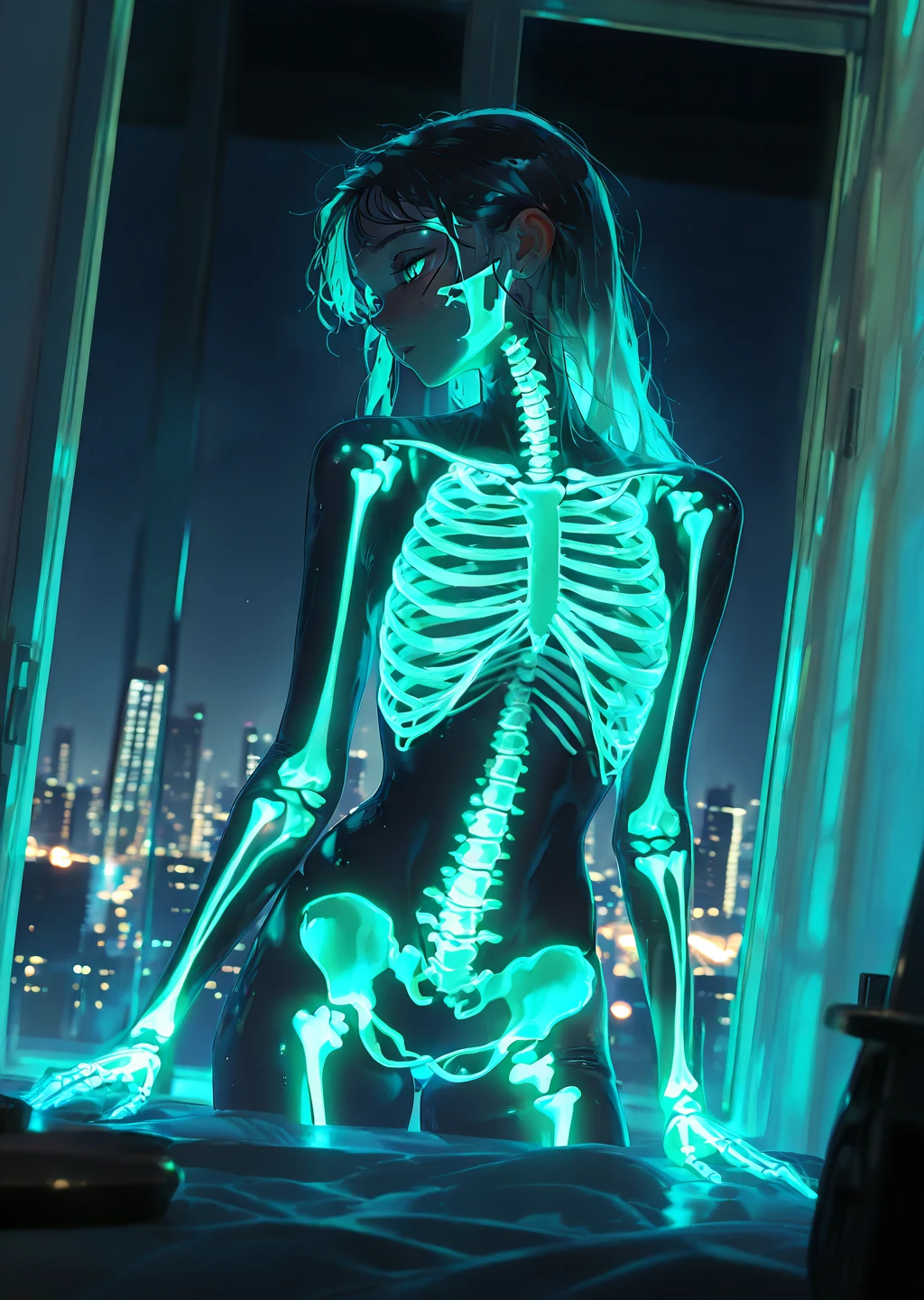 masterpiece, best quality, amazing quality, very aesthetic, absurdres, newest, scenery, dutch angle, shiny skin, humid skin, perspective,
transluminescent,1girl,solo,night,glow,visible skeleton,
, soft lighting, natural light, indoors, penthouse, window, night, cityscape, furniture, masterpiece, best quality, amazing quality, very aesthetic, absurdres, newest, scenery,
,, <lora:transluminescent_glowing_skeleton:1>,