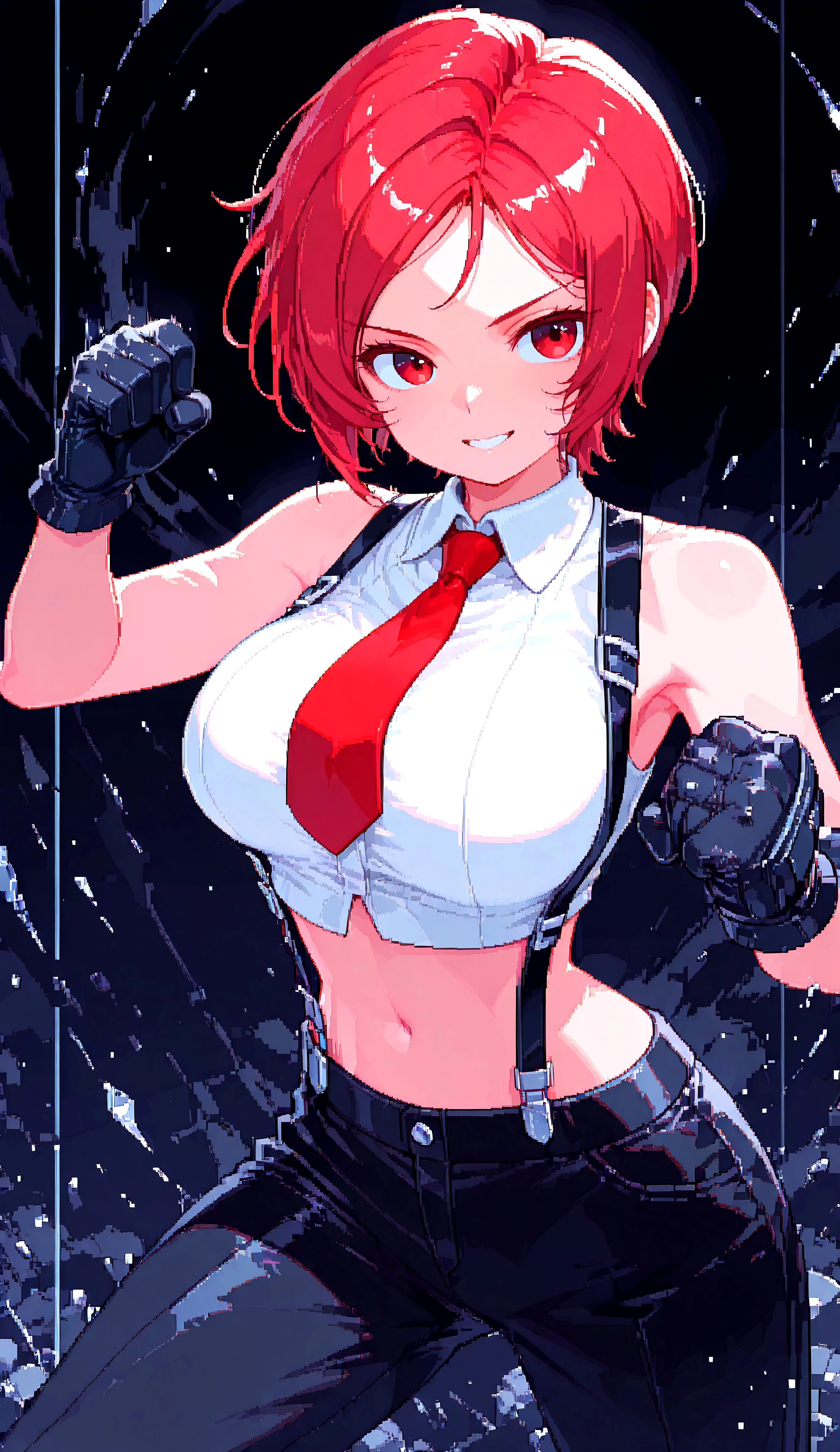 VanessaKoF, short_hair, red_eyes, black_gloves, red_necktie, bare_shoulders, navel, sleveless, midriff, pants, suspenders, cropped_top, white_shirt, breasts, cowboy shot, smiling, fighting stance, fists up, dpa,pixel art