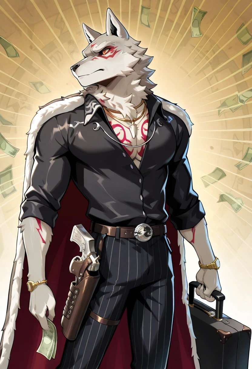 <lora:Fletcher_Kane-000010:1>, masterpiece, best quality, amazing quality, very aesthetic, absurdres, newest, fletcher_kane, furry, tattoo, 1boy, orange eyes, solo male, jewelry, striped pants, handgun, holster, cape, belt, watch, necklace, money background, cash, holding suitcase fill with money, open suitcase