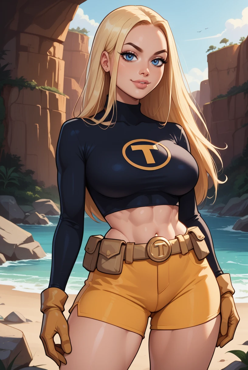 (score_9, score_8_up, score_7_up, score_6_up, score_5_up, score_4_up, source_Cartoon),(Best Quality, Absurdres, Highres, Masterpiece, 8k, Highly Detailed, Cowboy Shot, Cinematic Lighting, Sharp Focus, Intricate Textures, Dynamic Shadows), (cartoonish style, sexy poses, natural poses, dynamic action:1.3), (large breasts, wide hips, big ass:1.3), <lora:Terra:0.7> terra_(teen_titans), long_hair, blonde_hair, blue_eyes, black_crop_top, long_sleeve_top, t_symbol, bare_midriff, beige_shorts, utility_belt, gloves, stones, rocks, sand, canyon