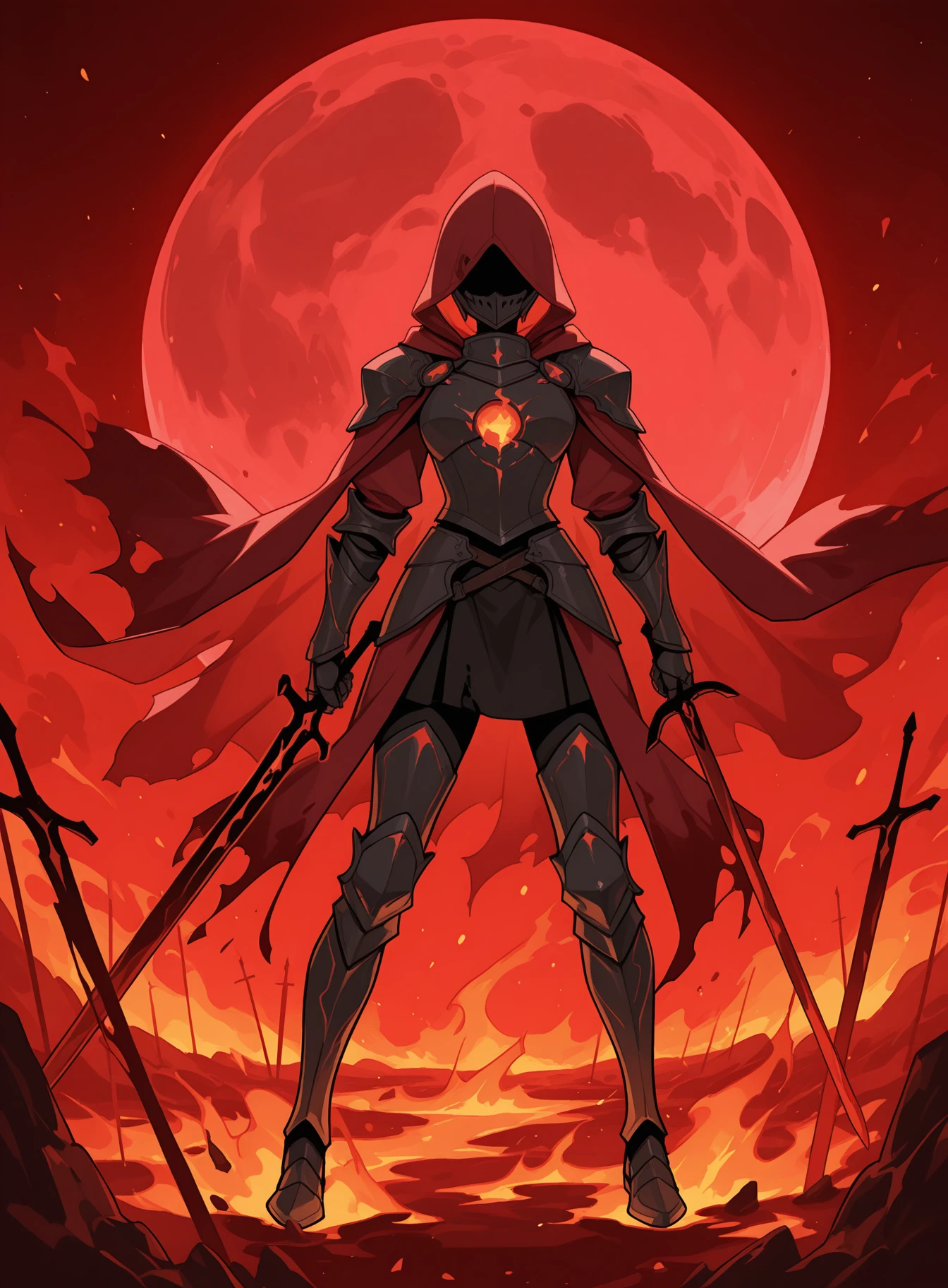 a woman in a hooded coat standing in a red fog filled area with a red light behind him and a red light behind him, concept art, fantasy art, 1girl, armor, blood fog, blood splatter, burning, cape, cloak, coat, fire, gauntlets, holding, holding sword, holding weapon, molten rock, moon, red background, red moon, red sky, red theme, sky, solo, standing, torn clothes, weapon, blood floating, blood energy, <lora:2DVFX_IL_Concept-000005:1> 2DVFX, <lora:noobai_vpred_1_masterpieces_v1:1> masterpiece, best quality, very awa, absurdres