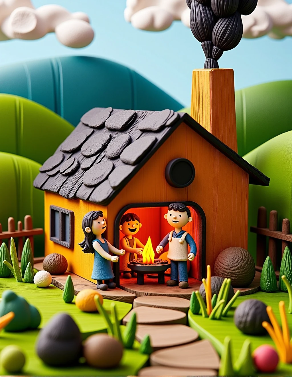 <lora:ClayAnimationStyle:1>Clay Animation Style, A cozy cottage sits amidst rolling green hills, with smoke puffing from its chimney. Inside, a family prepares dinner, their faces expressing joy and warmth, as the flickering fireplace casts dynamic shadows.