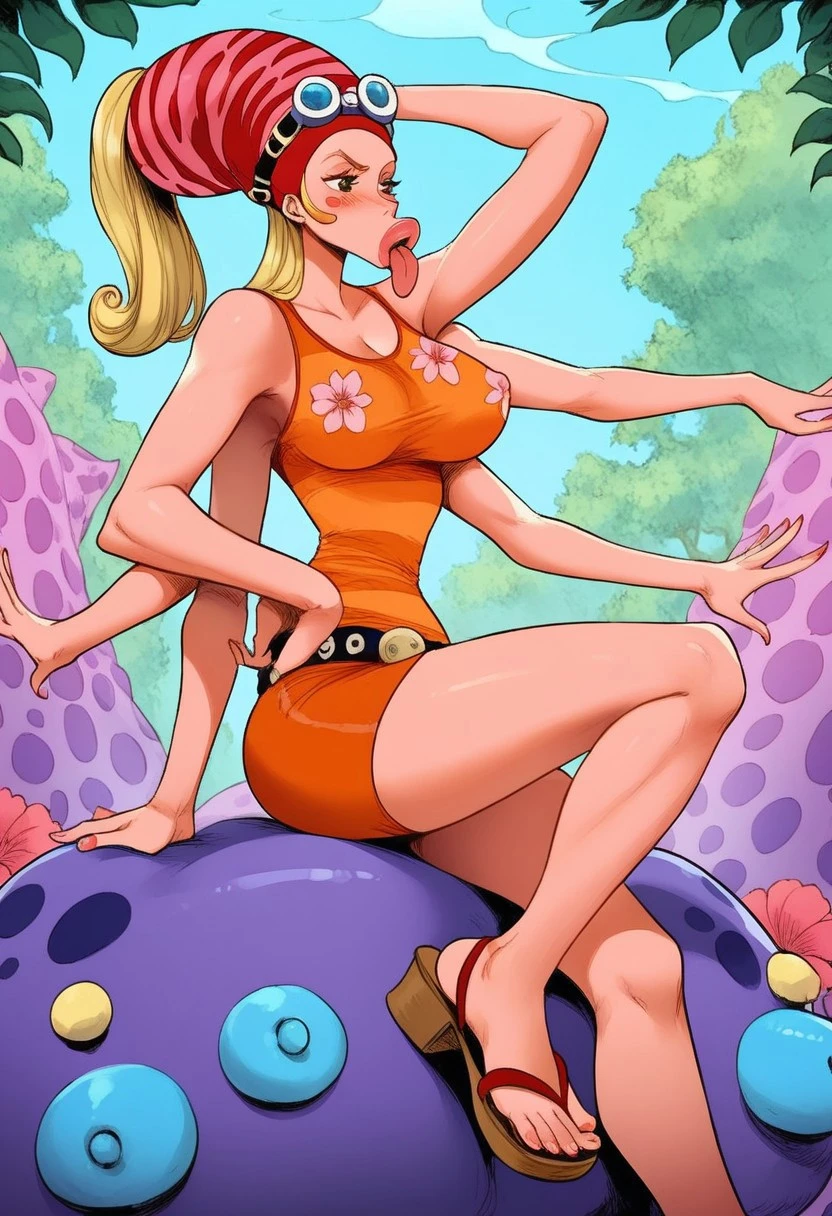 score_9, score_8_up, score_7_up,
OctopakoOP, 1girl, solo, monster girl, octopus girl, six arms, extra arms, round hat with goggles, long hair, blonde hair, ponytail, dark pink lips, brown eyes, full lips, tongue, tongue out, blush stickers, pink tank top with flower print, large breast, belt, skirt, wide hips, sandals, colored skin, pink skin, jewelry, bracelets, goggles on headwear,
seductive pose, sexy pose, tease,
masterpiece, best quality, ultra-detailed, beautiful eyes, athletic, curvy body, athletic girl, perky tits, perfect tits, round breasts, nipple outline, pinup pose, teasing, lustful expression,