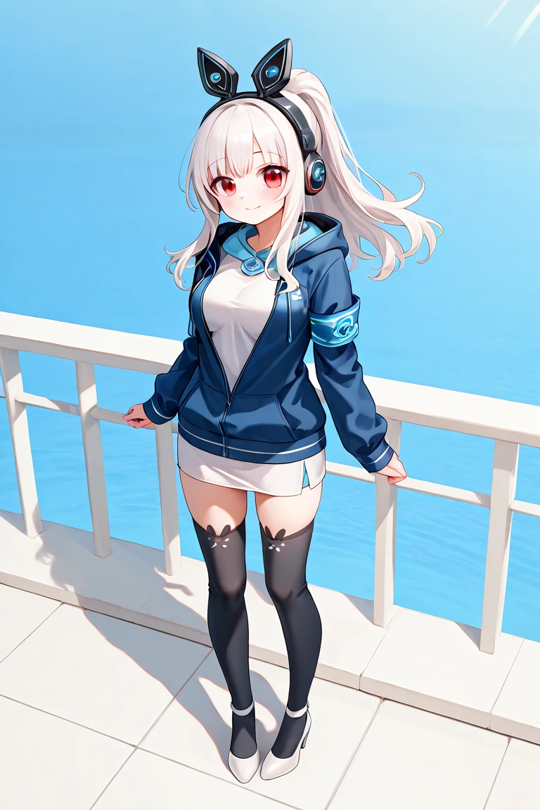 <lora:KRTGirlsNana:1>, 1girl, solo, full shot, standing, smile, looking at viewer, lake background, blush, long hair, red eyes, ponytail, white hair, medium breast, jacket, hood, animal ear headphones, blue jacket, hood down, shirt, long sleeves, armband, thighhighs, black animal ear legwear, skirt, white heels