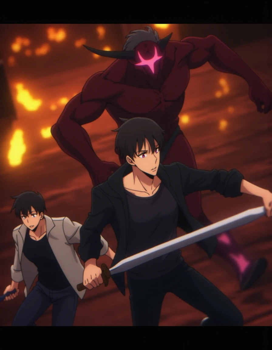 <lora:Solo_by_Readandsign_rank8_bf16-step03000:1> anime, dramatic, slv50, looking at viewer, short hair, shirt, black hair, red eyes, long sleeves, 1boy, holding, closed mouth, jacket, weapon, male focus, multiple boys, open clothes, horns, pants, sword, 2boys, holding weapon, black eyes, open jacket, black jacket, muscular, glowing, colored skin, holding sword, black pants, fire, glowing eyes, monster, battle, red skin, demon, demon vs human, 1boy run, monster behind