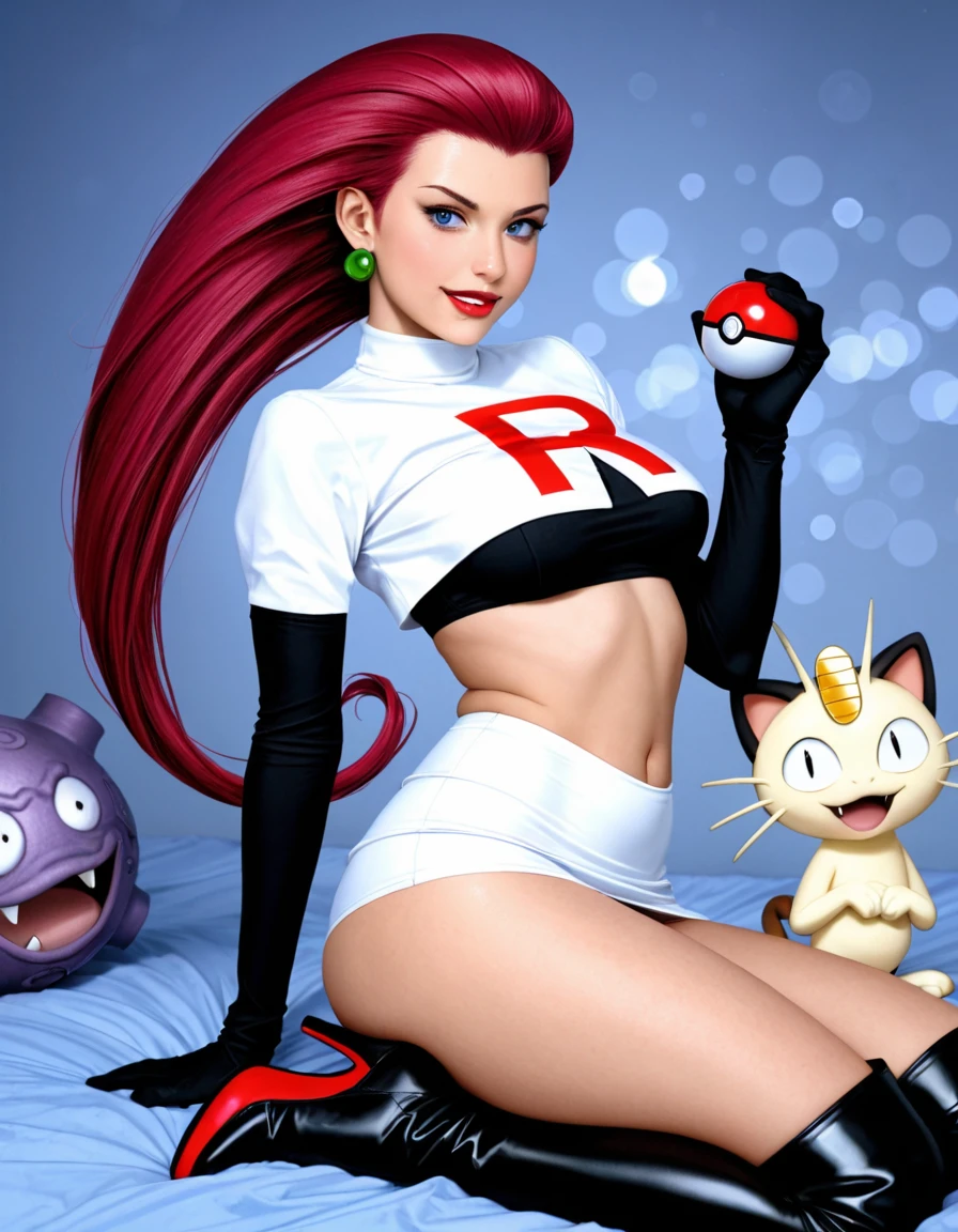 jessie \(pokemon\), long hair,red hair, hair slicked back, holding poke ball, smug, flirting, bedroom eyes, team rocket, team rocket outfit, mini skirt , crop top, 1girl, high_heels, medium_breasts, , red lipstick, thigh high boots, sitting, [[black arm gloves]] sexual pose, crossed legs, low angle, focus on thighs, (shirt lift), (presenting breasts), (biting own lip), pokemon gym, meowth, ekans, koffing,, DSLR,realistic,cosplay photo, (very awa,masterpiece,best quality,year 2024,newest,absurdres,highres:1), realistic,skin texture,facial features, photography shot with Canon EOS 5D Mark IV,  Raw photo, ultrarealistic, Wide angle, cinematic composition. (detailed skin texture), (blush:0.5), (goosebumps:0.5), subsurface scattering, 35mm photograph, film, bokeh, 4k, highly detailed, masterpiece, award-winning, highly detailed, flawless skin and shapely physique highlighted. Swell of generous breasts, narrow waist, round hips and ass showcased. Tantalizing softness and warmth emanating from exposed flesh. Dramatic lighting and shadow sculpting body, emphasizing alluring features. Sultry, come-hither gaze directed at viewer. Expression filled with promise and invitation. Raw sexuality, femininity, and confidence radiating from every curve and glance. Powerful sense of lust, temptation, and irresistible appeal evoked. dynamic expression, natural expression, dynamic pose, natural pose,  highly detailed face, realistic humanlike face, beautiful, cute, youthful face, realistic, RAW, best quality, masterpiece, amazing quality, skin details, masterpiece,cinematic film still, sharp focus,intricate details,highly detailed, Hyperrealistic art,. shallow depth of field,vignette,highly detailed,high budget,bokeh,cinemascope,moody,epic,gorgeous,film grain,grainy,.