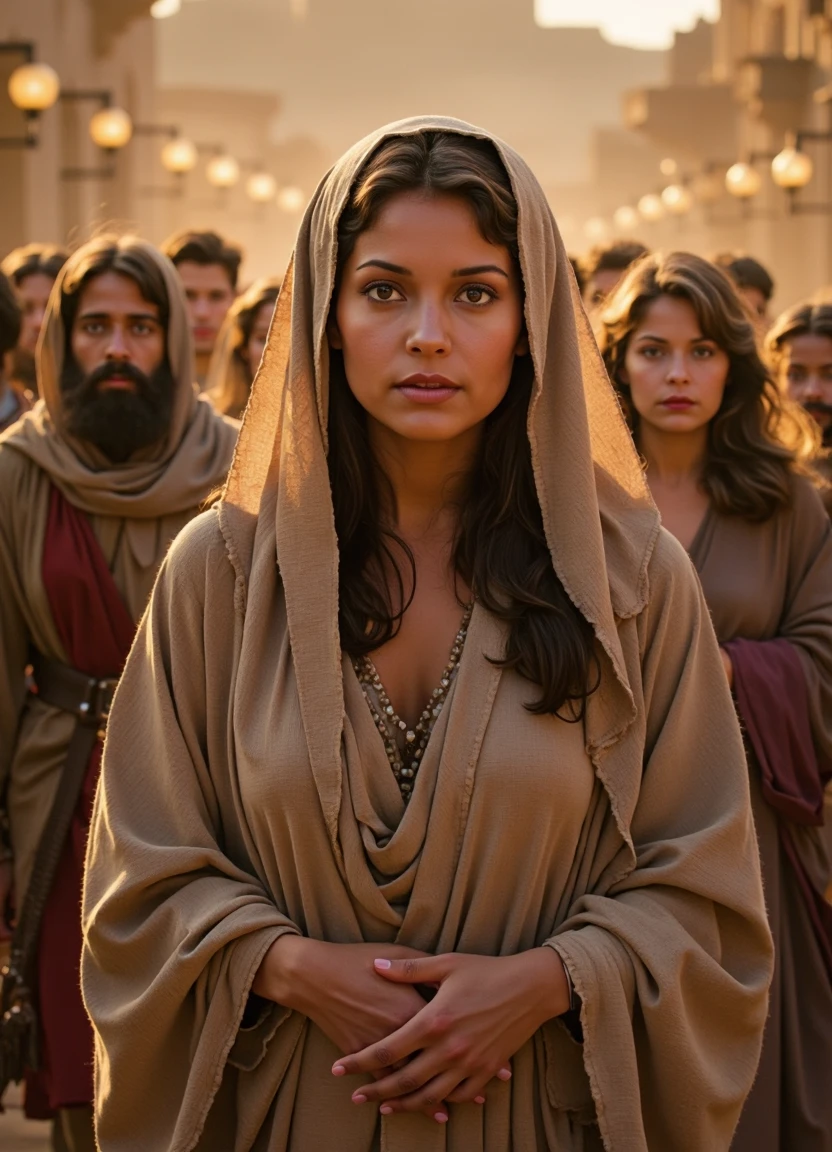 SFW, brightly lit, big 80s hair, aidmaimageupgrader, A serene and radiant woman, representing the Virgin Mary, standing amidst a crowd in ancient Israel during the time of Jesus. She is a beautiful woman with a gentle expression, wearing a modest, flowing robe in soft, earth-toned fabric, draped with a simple yet elegant shawl covering her head and shoulders. The evening light casts a warm, golden glow, illuminating her face with a soft, ethereal radiance. The surrounding crowd, dressed in historically accurate biblical garments, moves calmly around her, their presence filled with reverence and peace. The atmosphere is tranquil, with a deep sense of spiritual significance. The background features a rustic, ancient village setting with stone pathways and flickering oil lamps, adding to the authenticity of the scene. The image is highly detailed, capturing the texture of the fabrics, the expressions of the people, and the warm, atmospheric lighting that enhances the sacred and peaceful mood. The composition draws the viewerâs eye to Mary, whose presence exudes grace, humility, and quiet strength, making this a timeless and deeply moving biblical scene.<lora:pony\Letha_Weapons_Pony_-_Adult_Actress_and_Model.safetensors:1.0:1.0> <lora:flux\custom\celebrity\appolonia-kotero.safetensors:1.0:1.0> <lora:turbo-8-step-flux.safetensors:0.5:0.5> <lora:flux\style\Common\aidmaImageUprader-FLUX-v0.3.safetensors:0.25:0.25>