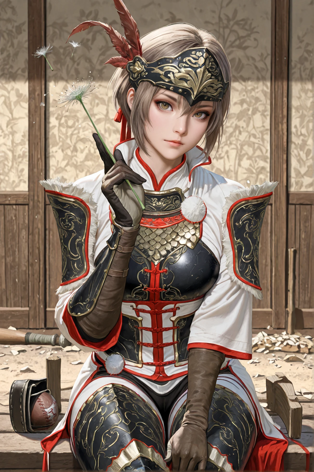 masterpiece, best quality, amazing quality, absurdres, looking at viewer, indoors, Pretending to hit a baseball, <lora:Lu_Lingqi_Dynasty_Warriors_IL:0.7> lingqi, solo, 1girl, short hair, gloves, armor, Sitting, pretending to blow dandelion seeds