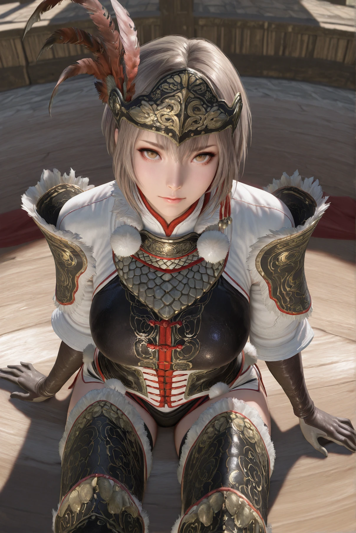 masterpiece, best quality, amazing quality, very aesthetic, absurdres, realistic, looking at viewer <lora:Lu_Lingqi_Dynasty_Warriors_IL:0.8> lingqi, solo, 1girl, short hair, gloves, armor, feathers, thighhighs, helmet, Sitting with one hand on the floor