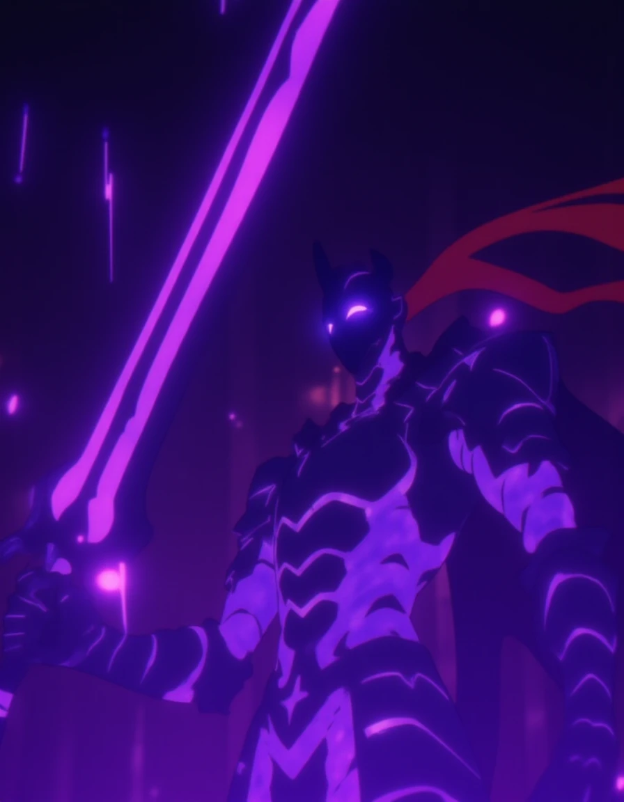 <lora:Solo_by_Readandsign_rank8_bf16:1>violet Igris. This image is a digital drawing in a vibrant anime style, featuring a powerful, armored figure against a dark, ethereal background. The central character is a male warrior, depicted with a menacing, helmet-like headpiece that is dark and featureless, giving off an ominous aura. His armor is highly detailed, with jagged, glowing purple lines that outline the segmented plates, creating a sense of strength and menace. The armor's texture is smooth, with a slight metallic sheen, and it appears to be infused with a mystical energy, as indicated by the glowing purple light emanating from its surface. long red hair ponytale
The warrior's shoulders are adorned with large, spiked shoulder pads, and his right arm is raised slightly, revealing a long, curved sword that glows with a similar purple light. His left arm is positioned near his waist, holding a smaller, glowing sword. The background is a gradient of deep purple and black, with streaks of bright, glowing purple light adding to the mystical atmosphere. There are also faint, glowing orbs scattered throughout the background, enhancing the otherworldly feel of the scene. The overall composition and color palette evoke a sense of power and mystery, typical of many fantasy anime works.
