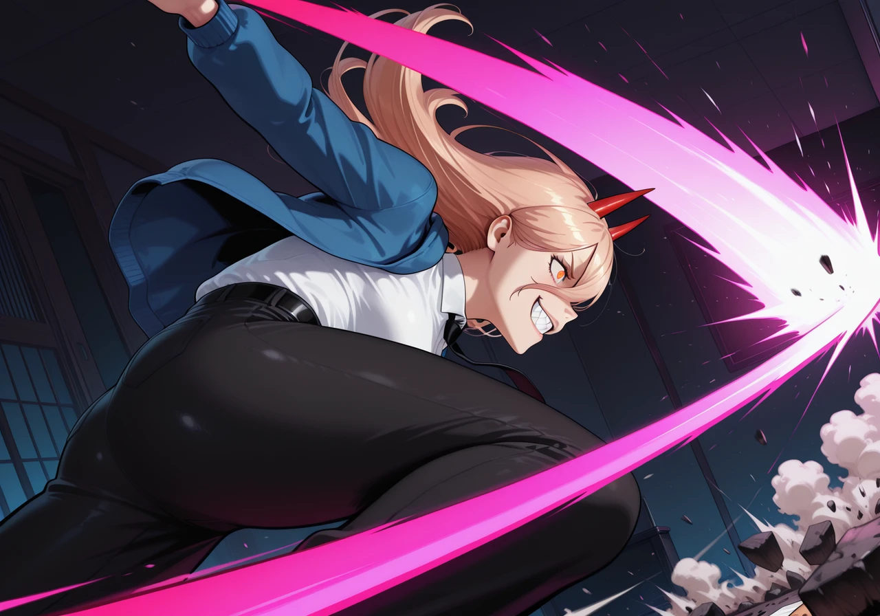 masterpiece, best quality, amazing quality, very aesthetic, absurdres, newest, wfus3, power_\(chainsaw_man\), low_angle, side_profile, dynamic_pose, action_scene, intense_motion, dramatic_perspective, chaotic_energy, mischievous_laugh, sharp_teeth, wide_grin, glowing_eyes, motion_blur, exaggerated_perspective, impact_sparks, dust_clouds, debris_in_air, slashing_motion, high_speed_movement, cinematic_lighting, glowing_red_lights, blue_jacket, white_shirt, black_tie, lore_accurate_outfit, indoors_at_night, moody_shadows, dark_background, atmospheric_depth, detailed_clothing<lora:Wfus3.safetensors:1.0:1.0>