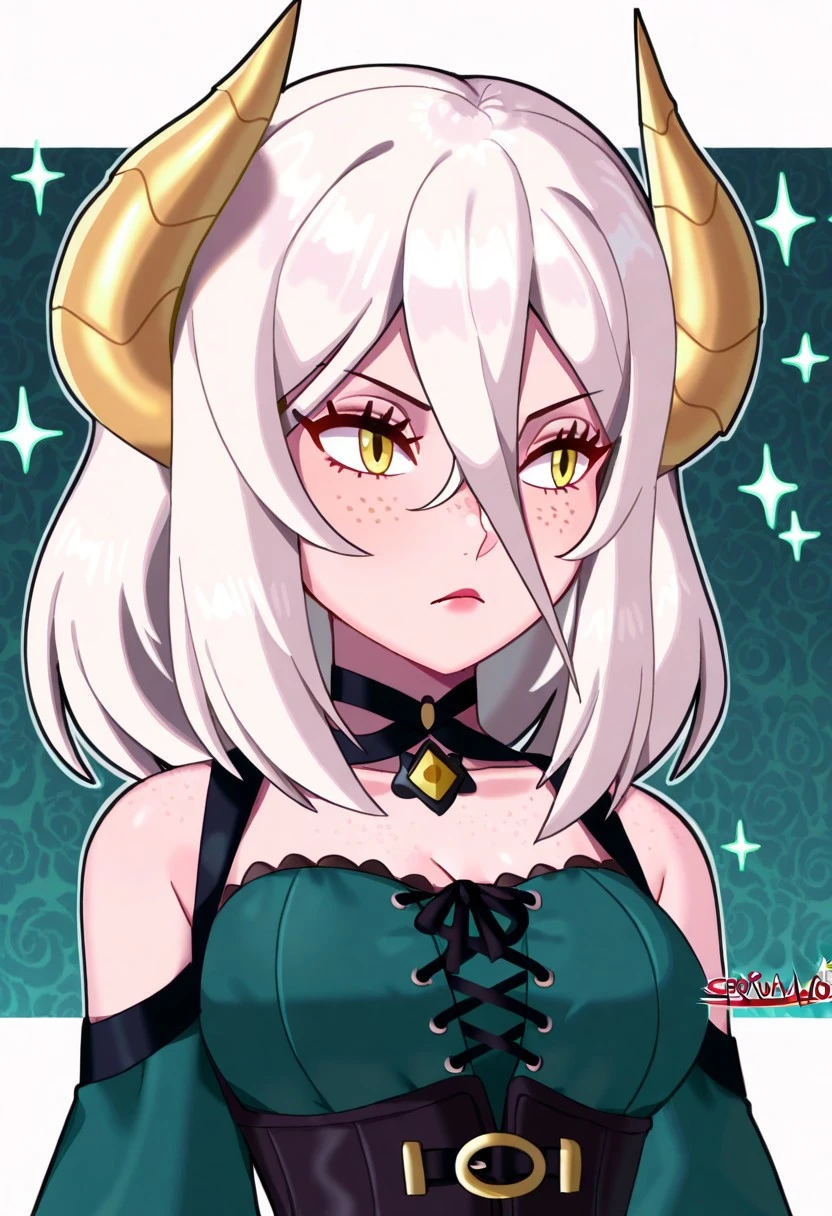 masterpiece, sarukaiwolf, 1girl, solo, gold twisted ram's horns, freckles, white hair, long bangs, golden eyes, pale skin, green dress, black underbust corset, medium shot, portrait