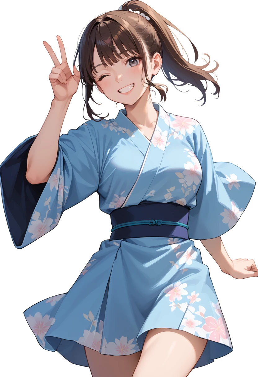 score_9, score_8_up, score_7_up,source_anime, best quality, amazing quality, simple background,((outlined outlined vector graphics)), simple background, white background,
1girl, 20yo, brown hair, gray eyes, (large breast:1.1), (ponytail:1.1), medium hair,(curvy:1.1),bangs,
solo, female focus , back view , looking at viewer ,looking at viewer ,smile,grin, wink , ,cowboy shot, cute face ,kimono dress , kimono-dress, skirt, running , leaning back , action pose , , blue clothes, floral patterned dress <lora:kimono-dress-pony-01:0.8>