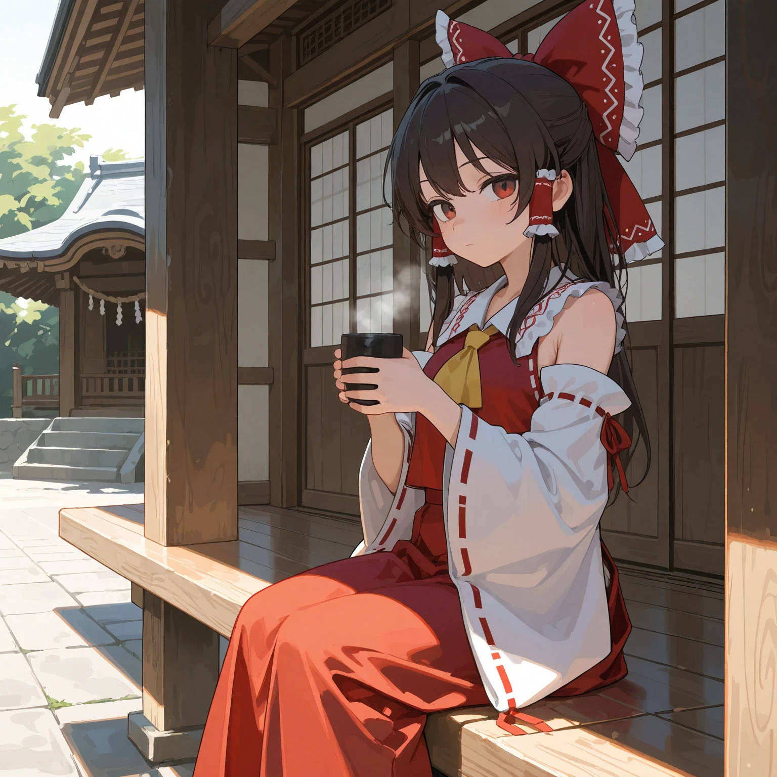 masterpiece,best quality,amazing quality,very aesthetic,absurdres,newest,scenery,miko,hakurei shrine,hakurei reimu,1girl,solo,expressionless,blush,holding cup,steam,looking at viewer,sitting,
<lora:dmd2_sdxl_4step:1>
