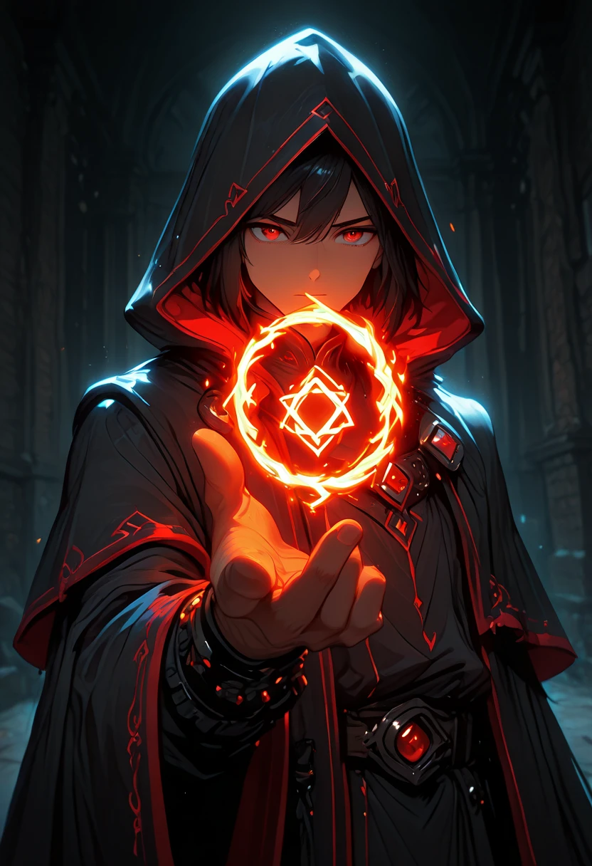 Masterpiece (quality), (1boy:1.15), black hair, red eyes, black magical robe with red details, red magic wings, holding up his hand to cast spell bind where there is a glowing fire symbols on it. magical tavern in background