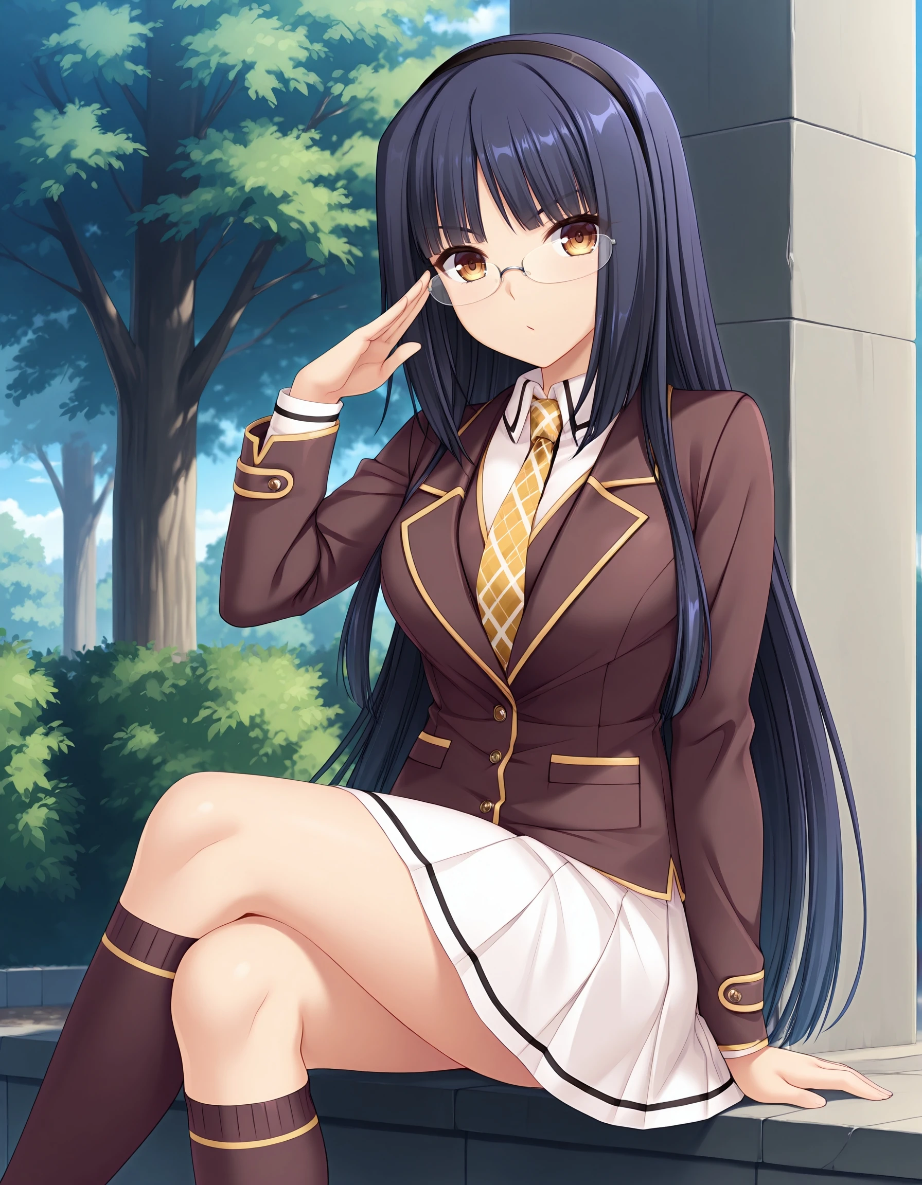 1girl, cowboy shot, smile, open mouth, nature, blue sky,
bg_tukiyo, red eyes, purple hair, long hair, bangs, hair ornament, hairclip, school uniform, brown jacket, blazer, necktie, long sleeves, shirt, plaid skirt, white thighhighs, <lora:BG_tukiyo_sdxl_ver1:0.7>
best quality, masterpiece