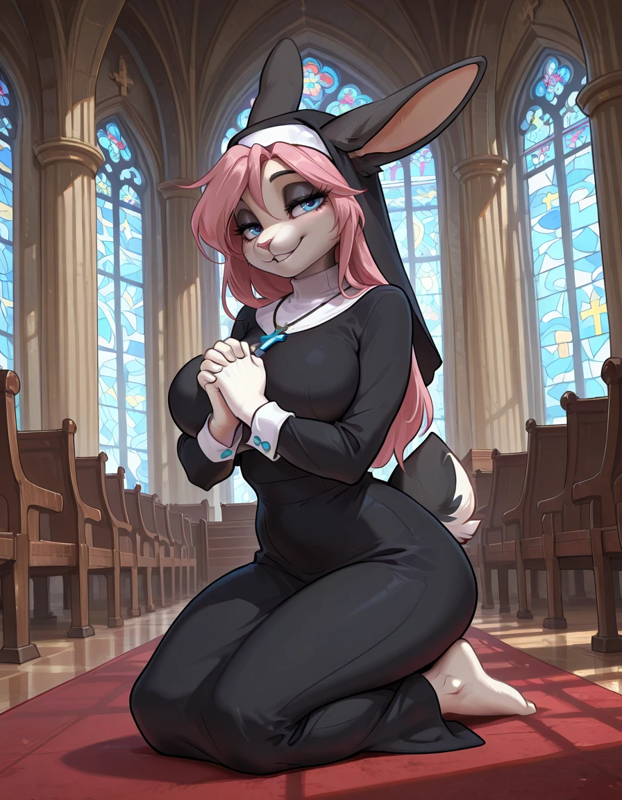 8k, Hd, 12k, high definition, Score_7_up, score_8_up, score_9, masterpiece, perfect hands, high quality, source_furry, (1girl, solo,) Sasha, furry female, bunny girl, bunny nose, bunny muzzle, furry, large breasts, jewelry (Gold rings in ears), (Black Lightning Tattoo from Right Clavicle down to her naval, Black Lightning bolt tattoo over her left eye, bunny paw print tattoo on left gluteal), ((Sexy Nun Outfit)), Sexy Nun, thigh high boots, purple hair, green almond shaped eyes, pretty face, detailed equal eyes, big eye lashes, glistening lips, mouth open wide for moaning, chest tuft, cheek tuft, hip tuft, bunny tail, (thick thighs, big ass, wide hips, Large Breasts, Small Shoulders, Fit Body), (Church Scene), (Church Backdrop), ((view from front)), (soaking wet pussy bouncing on cock), voluptuous curves and perfect proportions, (Cowgirl sexual position), (Epic sex), (Having sex with viewer), (Pov), looking at viewer smiling, toned body, seductive smile, legs spreaD, tight clothes, breasts bouncing, (cum splashing out of pussy around cock),BREAK, POV Viewer is furry anthro Puma Man, Puma man in black slacks, viewer Two Tone gold Fur, thick penis penetrating pussy deep