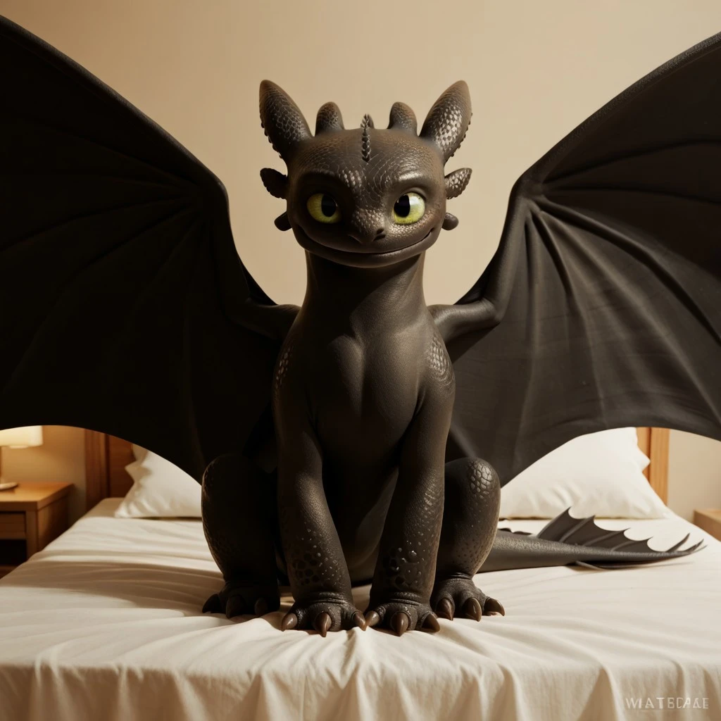 score_9, score_8_up, score_7_up, score_6_up, score_5_up, score_4_up, masterpiece, high quality, realistic, detailed, best quality, white bed, natural lighting, solo, rating_safe, source_furry, bedroom, smiling, sitting, spread wings, looking at viewer, toothless_httyd, dragon, night_fury, black scales, wings, tail, claws, male, 1boy, green sclera, black pupils, feral