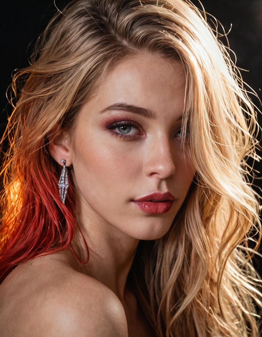 Stable_Yogis_PDXL_Positives
digital art, female portrait, close up, glowing, neon, high-resolution, gotoh_hitori, Goth girl 1girl, 8k, masterpiece, best quality, highly detailed, realistic, amazing quality, very aesthetic, absurdres, newest, gradient colors, bright, background, masterpiece, best quality, amazing quality, very aesthetic, volumetric lighting, ambient occlusion, longhair, side profile, flame red colour hair, long hair, hair over one eye, fingernails, eyelashes, full lips, mole under eye, Pale white skin, makeup, half-open eyes, portrait, lipstick, close up, nose, stud earrings, black lips, mascara, realistic, Cinematic Lighting, bare shoulder, solemn look, oled black background, strong shadows