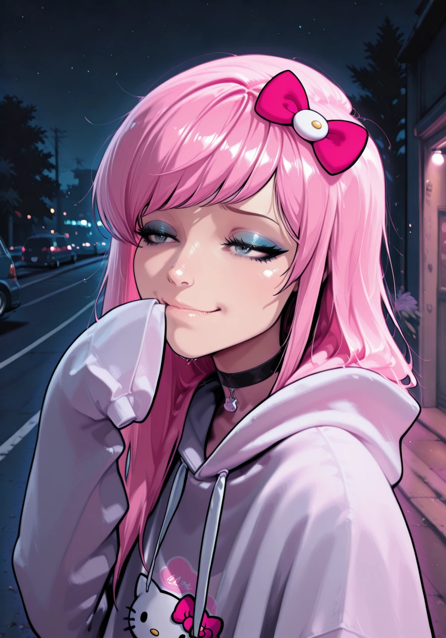 embedding:IllusP0s, wfus3, angled bangs, long hair, eyelashes, eyeliner, choker, hair bow, baggie hoodie, hello kitty logo, sleeves past fingers, giggling, outdoors, night, 1girl, solo, parking lot, pink hair, embedding:IllustriousQual, embedding:Smooth Quality,<lora:scenequ33n_ill.safetensors:1.0:1.0> <lora:Wfus3.safetensors:1:1>