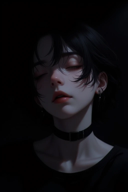 The image is a digital drawing in a dark, moody, anime-inspired style. It features a young woman with a striking, pale skin tone and a delicate, almost ethereal appearance. She has short, tousled, dark hair that falls in messy waves around her face. Her eyes are closed, and her expression is serene, with slightly parted lips, hinting at a sense of calm or perhaps a hint of sadness.
