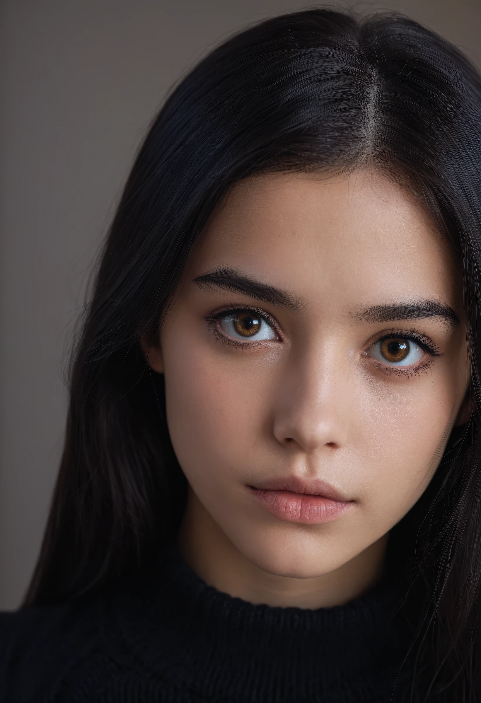 cinematic still of a young woman posing for the camera in a black sweater, 1girl, solo, long hair, looking at viewer, black hair, long sleeves, brown eyes, parted lips, upper body, emotional, detailed eyes, perfect composition