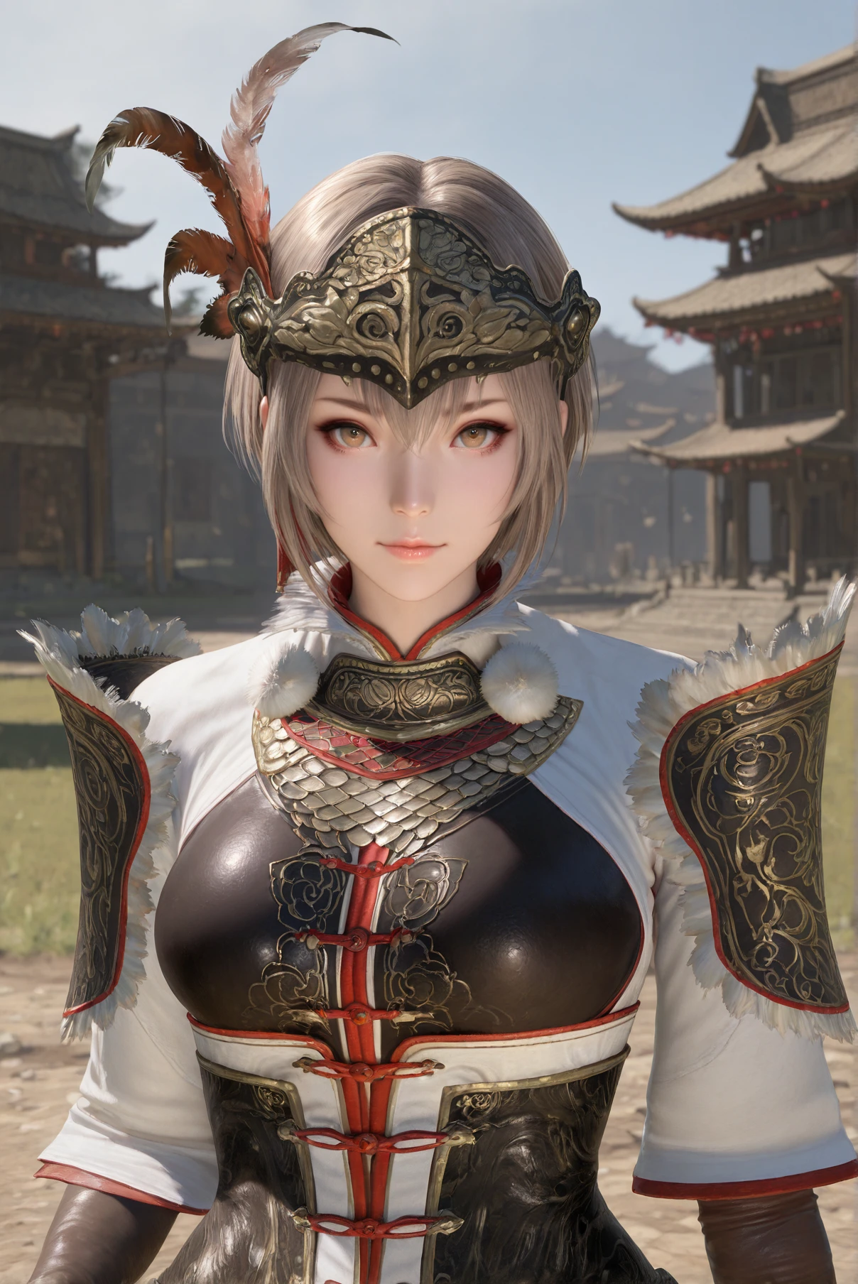 masterpiece, best quality, amazing quality, very aesthetic, absurdres, realistic, looking at viewer, <lora:Lu_Lingqi_Dynasty_Warriors_IL:0.8> lingqi, solo, 1girl, short hair, gloves, armor, feathers, helmetPretending to play an air violin