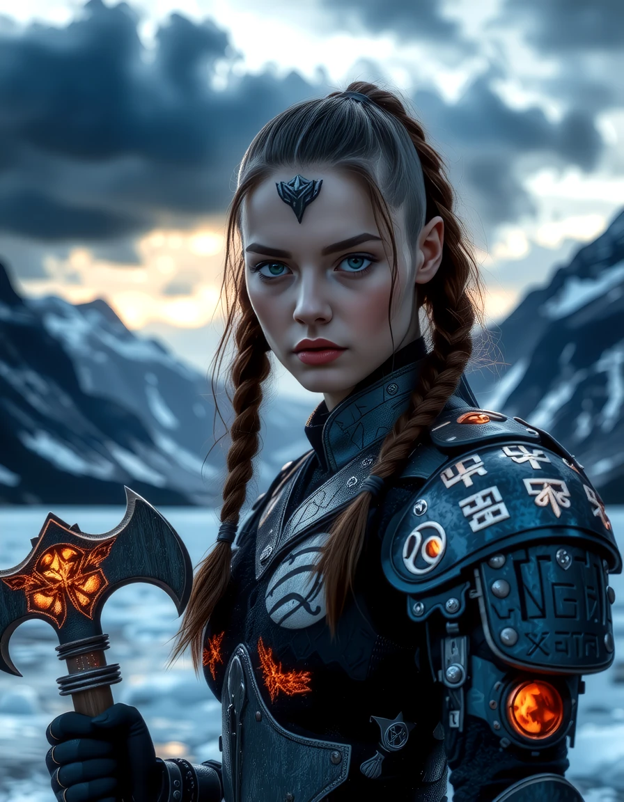 A captivating image emerges, focusing on a viking_punk warrior-princess with her presence commanding attention in the icy wasteland. Her futuristic viking armor based on traditional viking armor, a seamless fusion of technology and her athletic form, slim-athletic form highlights her strength and agility. The warrior's twin braids with shaved sides, frames her determined expression, while her piercing eyes bore into the viewer. Ancient runes are etched into her battleaxe and armor, crackling with mystical glowing energy. The frozen landscape, a testament to her people's resilience, stretches into the distance, where dark, ominous clouds partially veil the rugged mountainous pass, filling the air with crispness and the promise of lightning. This artwork, with its Nordic and Viking-inspired elements, captures the essence of a powerful futuristic figure, seamlessly blending ancient traditions with futuristic innovations.   <lora:flux_trainer/moxiePunk_v3S>