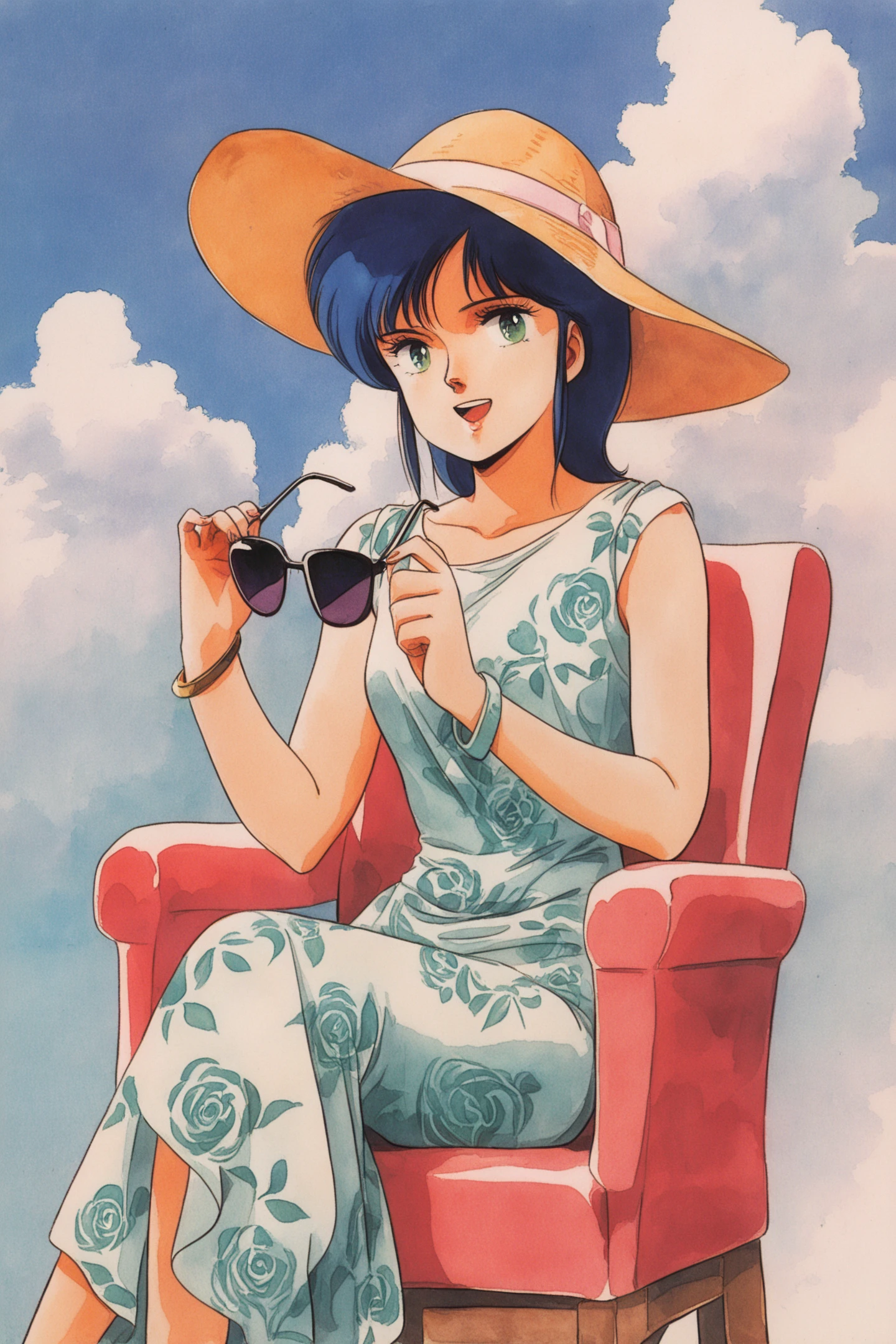 1girl,solo,hat,blue hair,retro artstyle,sunglasses,traditional media,sitting,open mouth,dress,eyewear removed,cloud,1980s (style),holding eyewear,chair,day,sun hat,floral print,sky,green eyes,bracelet,holding,looking at viewer,blue eyes,watercolor \(medium\),smile,
<lora:Hiroyuki Kitazume _illustriousXL:0.8>,
