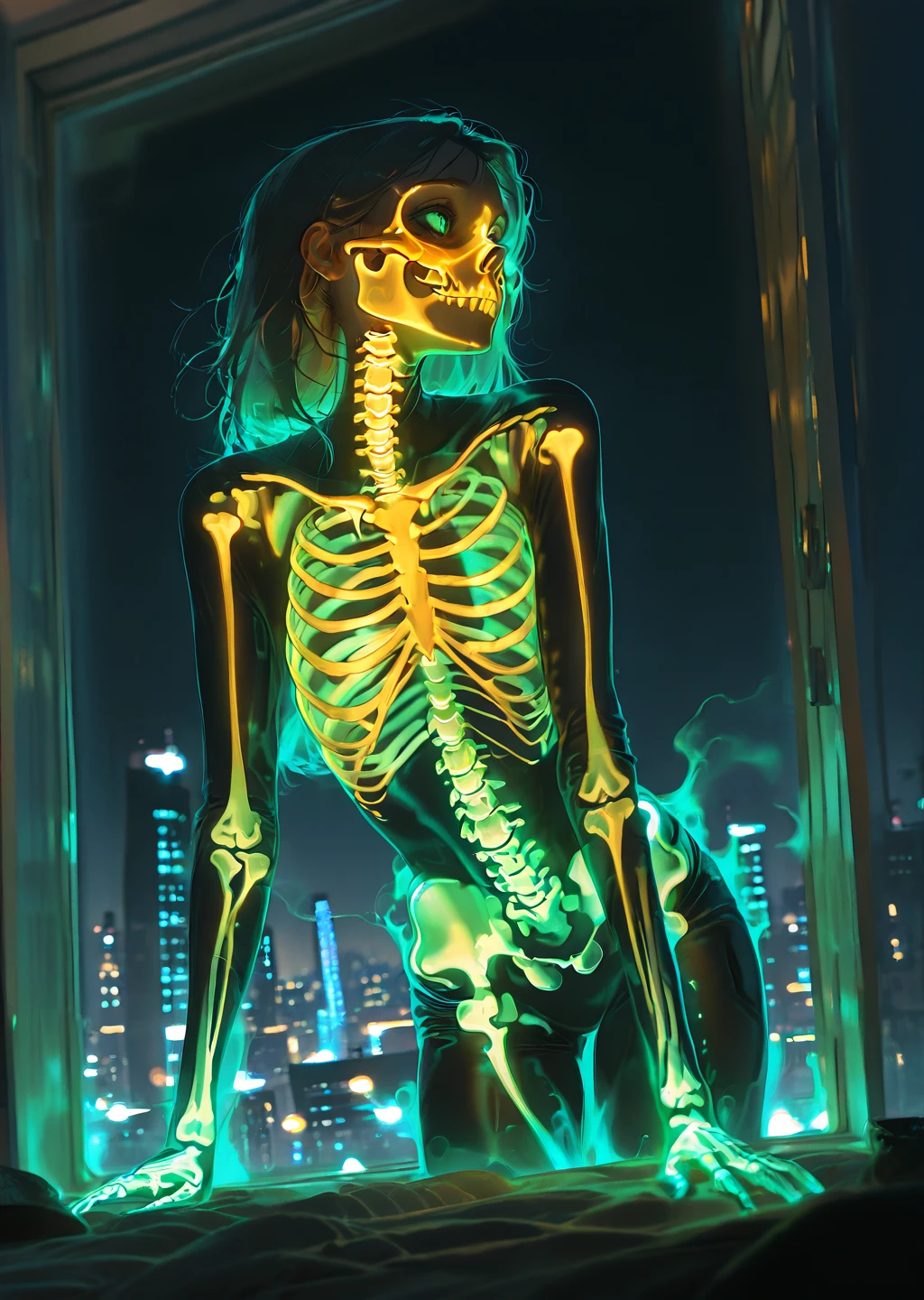 masterpiece, best quality, amazing quality, very aesthetic, absurdres, newest, scenery, dutch angle, shiny skin, humid skin, perspective,
transluminescent, 1girl, solo, night, glow, visible skeleton, ethereal, bioluminescent aura, soft lighting, dark atmosphere, mystical, ghostly presence, detailed bones, subtle translucency, eerie beauty, sci-fi aesthetic, glowing ribs, illuminated skull, futuristic, haunting yet serene, otherworldly glow, faint mist, neon-like luminescence, soft shadows, cinematic composition
, soft lighting, natural light, indoors, penthouse, window, night, cityscape, furniture, masterpiece, best quality, amazing quality, very aesthetic, absurdres, newest, scenery,
,, <lora:transluminescent_glowing_skeleton:1>,