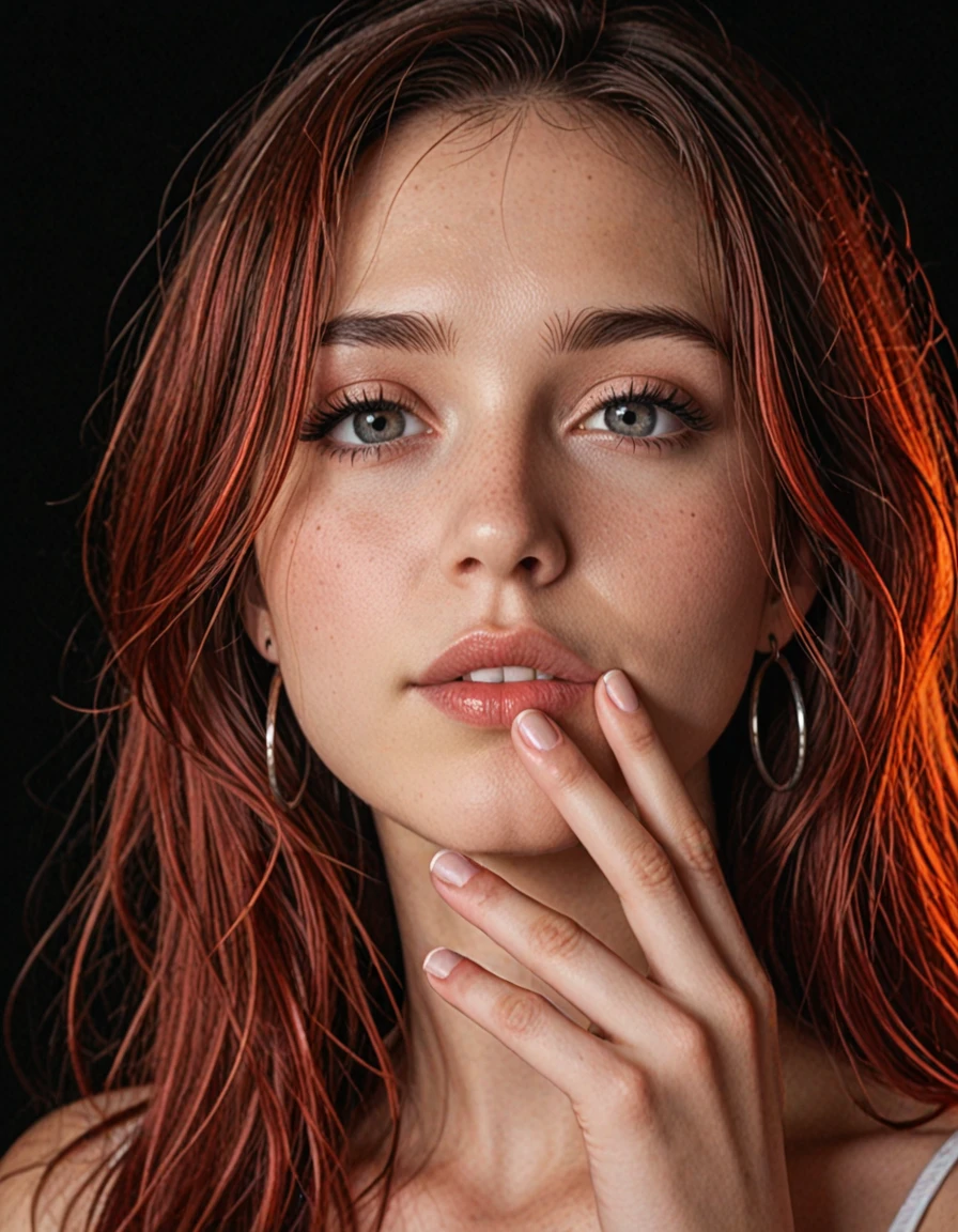 Stable_Yogis_PDXL_Positives
digital art, female portrait, close up, glowing, neon, high-resolution, gotoh_hitori, Goth girl 1girl, 8k, masterpiece, best quality, highly detailed, realistic, amazing quality, very aesthetic, absurdres, newest, gradient colors, bright, background, masterpiece, best quality, amazing quality, very aesthetic, volumetric lighting, ambient occlusion, longhair, side profile, flame red colour hair, long hair, hair over one eye, fingernails, eyelashes, full lips, mole under eye, Pale white skin, makeup, half-open eyes, portrait, lipstick, close up, nose, stud earrings, black lips, mascara, realistic, Cinematic Lighting, bare shoulder, solemn look, oled black background, strong shadows